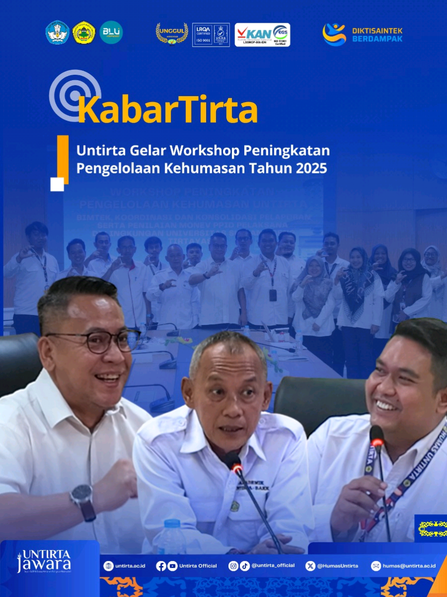 [KabarTirta] Untirta melalui Humas menggelar Workshop Peningkatan Pengelolaan Kehumasan di Kampus Sindangsari (15/9).Dengan tema “Bimtek, Koordinasi, dan Konsolidasi Pelaporan serta Penilaian Monev PPID Pelaksana”, kegiatan ini menjadi wadah penting untuk memperkuat kapasitas PPID di seluruh fakultas dan unit kerja. Tujuannya untuk menghadirkan layanan informasi publik yang transparan, akuntabel, dan bermanfaat bagi masyarakat. Setiap tahun, Untirta pun konsisten menyampaikan laporan keterbukaan informasi publik ke Komisi Informasi Pusat sebagai wujud komitmen terhadap transparansi. Workshop ditutup dengan sesi diskusi dan tanya jawab, di mana para peserta berbagi pengalaman, masukan, dan solusi untuk memperkuat peran humas serta tata kelola komunikasi kelembagaan di Untirta. Dengan langkah ini, Untirta terus mengokohkan diri sebagai badan publik yang informatif dan terpercaya. 💙✨ #Untirta #UntirtaJawara #jawaraberdampak  #UntirtaHitsAndGreen #DiktisaintekBerdampak 