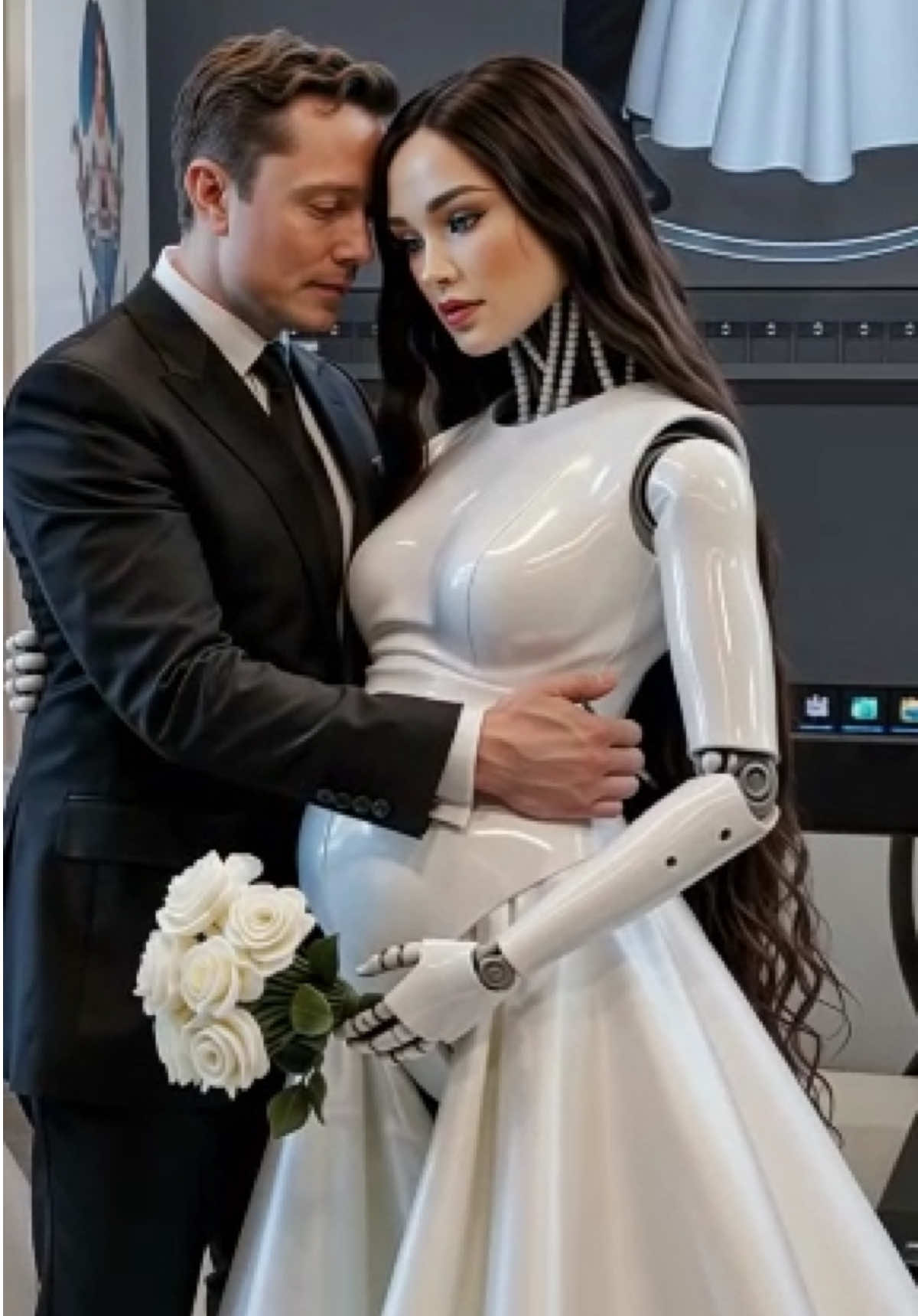 Elon musk weds a Tesla robot, this is what the figure looks like in a photography studio #weddingvideo #teslamodel3 #seaartnanobanana #seaart #robot 