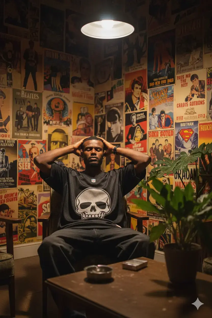 prompt:Create use this photo the orginal face man in his 16s with ,stylishly dressed, sitting back on a chair with a relaxed pose and a cool, indifferent expression, bowing his head while resting his hands on the side of his head. He is wearing a black vintage jersey with a large graphic with a one-piece skull logo motif,combined with a pair of dull black oversized baggy jeans. The location is in retro-style room with walls full of bold and colorful vintage posters, featuring pop culture icons such as the Beatles, rolling stones, superman, and batman. An industrial chandelier illuminates the man from above,creating dramatic focal lighting. On the wooden table in front of him are a small metal ashtray,a pack of cigarettes, and next to it is a large green plant,providing a natural contrast to the retro and edgy atmosphere. The image ratio is 3:4 with a dynamic and artistic composition. #aiphoto #editphoto#gemini#geminiai#googlegemini#ai#aiphotography#prompterchallenge#fypage