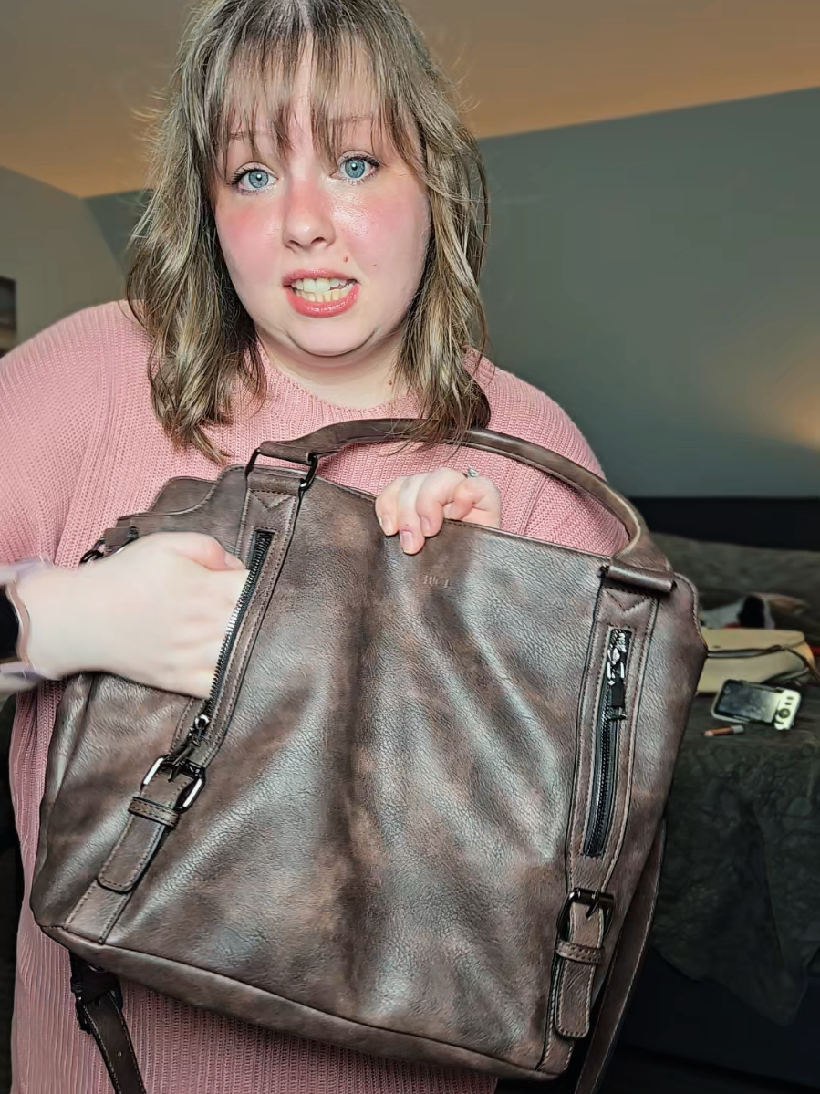 This bag holds my whole life and my toddler's. It's a crossbody bag that is also a shoulder bag. The coffee color vegan leather is so pretty.  #mombag #crossbodybag #totebag #fallbag #tiktokshoprestock 