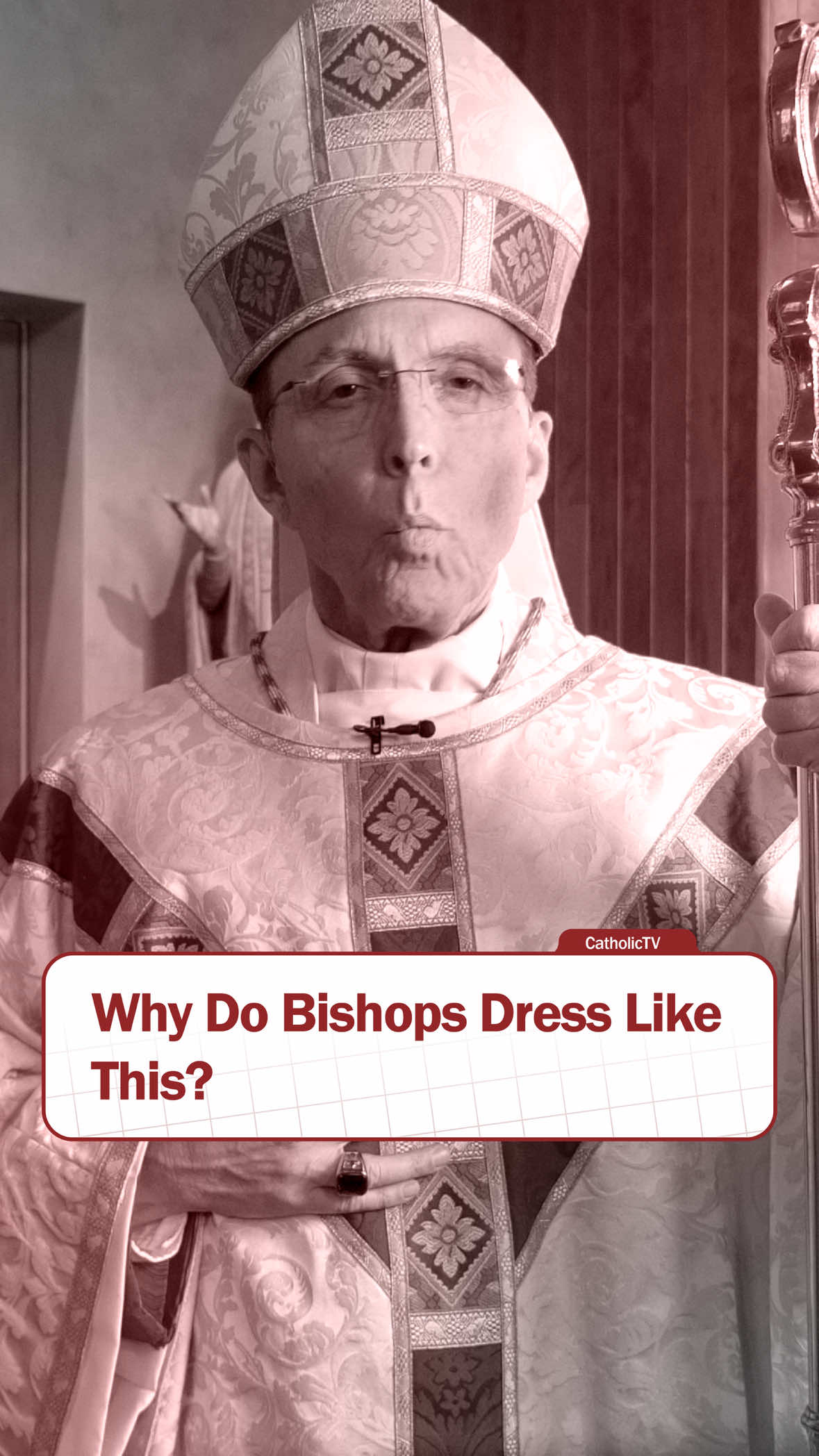 Why do Bishops dress like this?   First of all, no, this is not a yarmulke. It’s called a ZUCHETTO, which means “little pumpkin”. It originally designed to keep the head warm, but also to serve as a reminder of spiritual protection. The color signifies ecclesiastical rank: black for priests, magenta for bishops, red for cardinals, and white for the pope.   Next, there is the MITRE. Its shape represents the tongues of fire which rested on the head of the Apostles, the first bishops of the Church. The two peaks, front and back, represent the Old and New Testaments, united on the Bishop’s head to highlight his responsibility to teach Scripture, and the lappets on the back: the spirit and the letter of the law.   Bishops also and always wear a cross on a chain over the chest, known as the PECTORAL CROSS. At Mass, the cross is attached to the Cordone, green and gold ceremonial chord. Historically, these often contained relics of the saints (is Pope Leo cross contains relics of Saint Augustine and Saint ) and the crosses that many people wear around their neck today actually derive from these pectoral crosses.   On the right hand, the bishop wears his EPISCOPAL RING, given to him at the time of his consecration. It symbolizes spiritual marriage of the bishop to the Church and of our fidelity to her even unto death.   Finally, we have the CROZIER. This staff is carried in procession or whenever the bishop walks from one place to another during the liturgy. It’s reminiscent of a shepherd’s crook, and serves as a reminder that bishops are to be shepherds who care for their flock and keeps them united within the fold of Christ, the Good Shepherd.