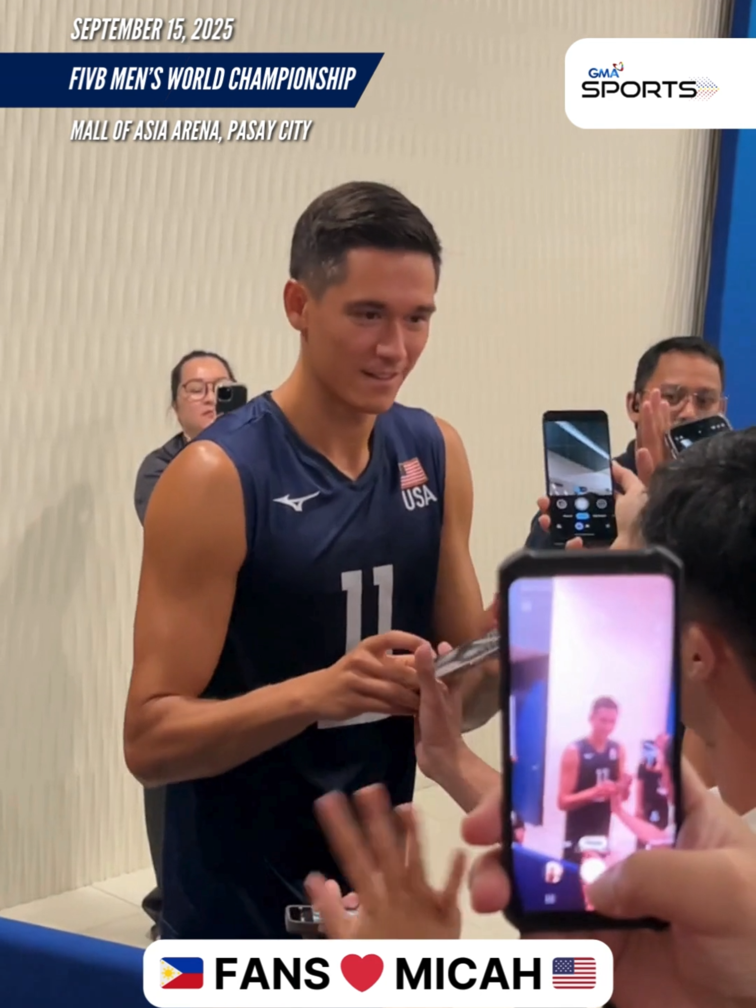 MICAH! MICAH! MICAH! 🇺🇸🇵🇭 Team USA setter Micah Christenson felt the love from his Filipino fans after their sweep win over Portugal at the 2025 FIVB Men’s World Championship in Mall of Asia Arena! #GMASports  #FIVB