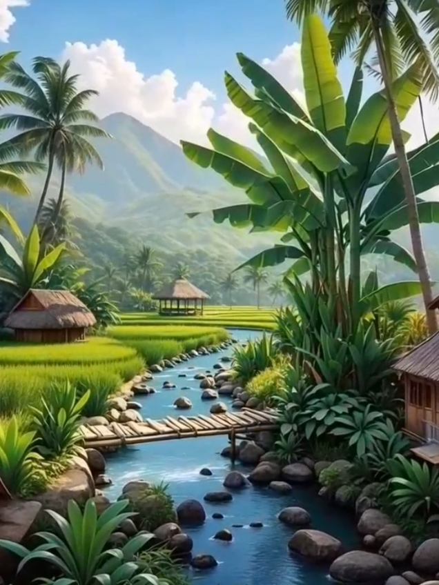 Pemandangan alam di pedesaan : Sungai kecil dan hamparan sawah hijau di antara pegunungan. #pesawahan #naturevibes  #pemandanganalam #visualart #lemburkuring 