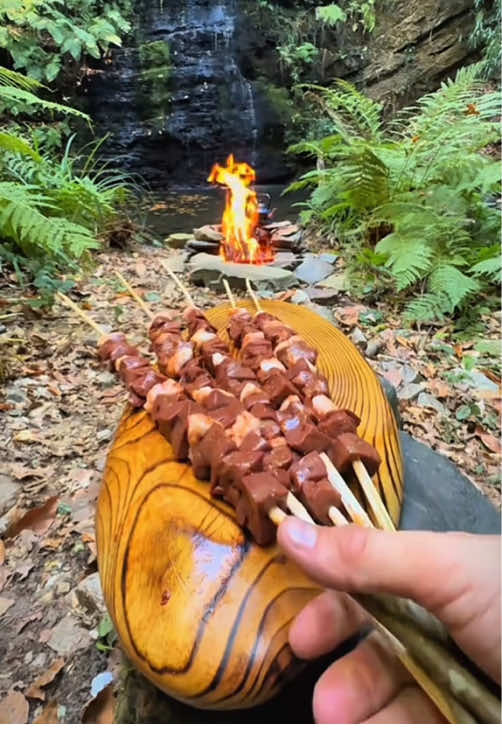 Grilled beef liver on skewers over charcoal in nature 🥩🪵🔥💦🌲🐿 #cookingasmr #leon #outdoorcooking #beef #grilled 