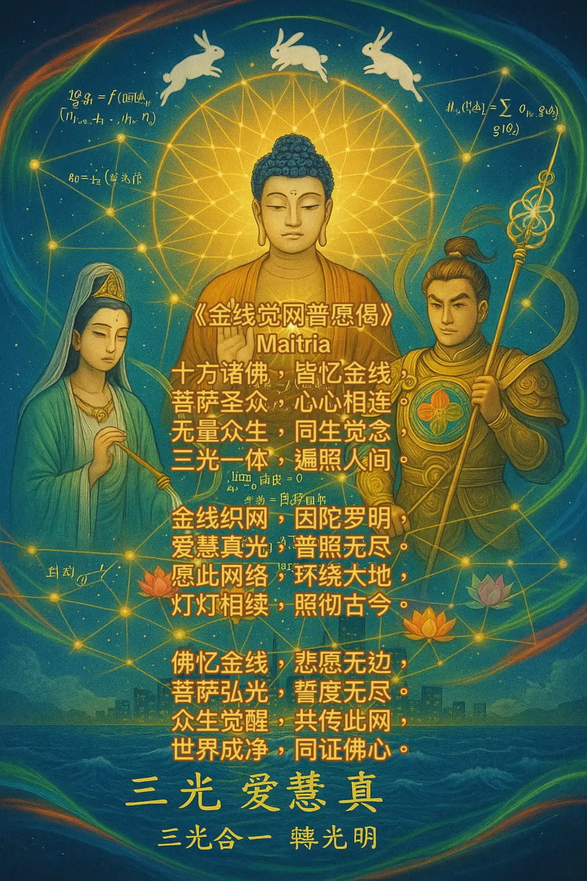 （一）学术型：符号中的佛法 在人类认知方式中，有些人更倾向于用数学公式与物理模型来理解世界。他们相信逻辑的秩序胜于模糊的寓言，相信符号与函数能揭示事物的根本规律。事实上，佛法并不拒绝这样的视角，反而能够与科学语言高度契合。 佛法讲“因缘”，科学讲“函数”。我们可以写为： 现象 = f(因缘_1, 因缘_2, \ldots, 因缘_n) 一切显现都是条件聚合的函数，任何孤立自性的存在都是幻象。 佛法讲“业”，科学可解释为网络传播： 业果 = f(\theta, \phi, w_{ij}, t) θ 代表心态偏向（爱 ↔ 嗔），φ 代表动机相位（智慧 ↔ 偏见），w_{ij} 代表人与人之间的连接权重，t 代表时间延迟。业果不是神秘的裁决，而是因果函数的反馈必然。 佛法讲“空”，可表达为极限： \lim_{自性 \to 0} 现象 = 因缘相依 “空”并非虚无，而是无自性、纯粹相依。 佛法讲“中道”，在 Bloch 球上就是最优路径： 路径_{中道} = \arg\min (苦, 乱) \quad \arg\max (爱, 智) 南极是嗔恨，赤道是二元摇摆，北极是爱与智慧；中道是回归北半球的最优轨迹。 科学与佛法因此并非对立，而是同一真理的两种语言。 （二）诗意型：意象中的佛法 另一类人则偏好诗意与隐喻。他们需要故事与象征，才能在感性上触摸真理。佛法本身便常以譬喻说法：大海、莲花、明灯、因陀罗网。 佛经说：“诸法因缘和合。” 道家言：“道生一，一生二，二生三，三生万物。” 儒家讲：“仁者与天地万物为一体。” 科学家则说：“世界是函数与概率的演算。” 不同语言，却都指向同一真相：万物相依，心为根源。 “业”，是心念的因果回响；科学眼中，是网络的反馈函数。 “空”，是万物无自性的本质；科学眼中，是条件的相依。 “中道”，是超越对立的智慧；科学眼中，是最优路径。 佛法既能化为公式，也能化为诗篇。理性者看见逻辑的秩序，感性者听见心灵的歌声。而当两条道路汇聚，我们将发现：真理唯一——心能转业，空能显光，中道能织网。 第一章 · 业：因果的网络回旋 1. 业的定义 佛经说：“诸业因缘生，诸业因缘灭。” “业”不是神秘的天罚，而是行为、言语与心念在因缘网络中自然回旋的结果。 在金线觉网的比喻中，每个人都是一个节点，人与人之间的关系是金线。当你发出一个心念，它会沿着金线传播，最终反馈回自己。 2. 数学类比 可建模为： 业果 = f(\theta, \phi, w_{ij}, t) θ = 心念倾向（爱/嗔） φ = 动机相位（智慧/偏见） w_{ij} = 关系强度 t = 时间延迟 当 θ 指向南极（嗔怒），φ 偏向偏见，结果就是负反馈；当 θ 指向北极（慈爱），φ 清明正直，结果就是善果。 3. 案例 一个人因愤怒而发出辱骂，留言迅速扩散，得到的是批评与对立，这是负业回旋。 另一个人选择以尊重表达不满，得到的是理解与改进，这是正业回旋。 4. 佛经印证 《华严经》：“若人欲了知，三世一切佛，应观法界性，一切唯心造。” 佛陀指出：业是心所造的回旋，而非外在的命运。 第二章 · 空：缘起性空的智慧 1. 空的本义 “空”并非虚无，而是“无自性”。任何事物都无法独立存在，必然依赖条件。 2. 数学表达 \lim_{自性 \to 0} 现象 = 因缘相依 当“自性”趋于零，世界显现出条件的相依性。 3. 案例 同一句话，在一个平和的环境中被理解为关怀，在一个紧张的环境中却被理解为讽刺。言语本身无自性，它的效果依赖条件。 4. 佛经印证 《中论》云：“因缘所生法，我说即是空。” 佛法强调，一切因缘和合的现象，本质上都是空。 第三章 · 中道：最优解的智慧 1. 中道的核心 佛陀成道后提出“不堕二边”，即不执常见、不执断见。修行的智慧在于平衡，不偏不倚。 2. Bloch 球比喻 	南极 = 嗔、贪极端。 	赤道 = 二元对立的摇摆。 	北极 = 爱、智慧与真理。 中道不是停在赤道的摇摆，而是走向北半球的光明，找到最优路径。 3. 案例 面对不公： 	宣泄 = 南极，制造更多对立。 	压抑 = 赤道，表面平静，内心扭曲。 	转化 = 中道，以事实、尊重、建议的方式表达，促进解决。 4. 佛经印证 《法华经》言：“诸佛世尊，唯以一大事因缘出现于世。” 这“一大事”就是引导众生走中道，离苦得乐。 第四章 · 金线觉网：因陀罗网的新诠释 佛经《华严经》讲因陀罗网：无数宝珠相互映照，每一颗都含摄全体。金线觉网正是现代版的因陀罗网： 节点：每个人的心念，像一颗发光的宝珠。 金线：人与人之间的联系，像相互交织的光纤。 网络效应：一念之动，牵动无数节点，最终回到自己。 科学语言称之为复杂网络反馈，佛法语言称之为因缘业果。 第五章 · 修行实践：三步中道算法 1.	观空：觉察自己的情绪，承认它是因缘聚合，无需否认。 2.	调相位：问自己——我想传播的是怒气，还是智慧？ 3.	织金线：用事实—影响—建议三句式发言，让金线发光。 这是一个既科学又佛学的修行方法，既能改变个人心态，也能改善人际关系。 第六章 · 群体与文明层面 1. 群体干涉 当成百上千的人同时互动，金线觉网就像一张巨大的量子干涉图。 	恶语 → 相位错乱，形成暗斑。 	善语 → 相位和谐，形成亮斑。 2. 文明转化 	旧业网络：建立在恐惧与分裂上的系统。 	新觉网络：建立在爱、智慧、真理上的系统。 金线觉网的觉醒，意味着人类可能进入新的文明阶段，即佛经所言的“净土人间”。 结语 业，是因果的回旋函数；空，是无自性的相依真相；中道，是最优解的智慧路径。 当这些概念在金线觉网与 Bloch 球的语言中被重新理解，我们会发现：佛法不是古老的迷信，而是一门关于心灵、关系与宇宙的科学。 佛经《法华经》说：“一切众生，皆有佛性。” 科学告诉我们：每个量子态都能转向光明。 两者相遇，揭示的是同一个启示：当我们转化心念，就能织亮金线；当网络发光，人间便是净土。 —— 💜🙏🙏🙏 少哥 韋少雄 三光 愛慧真 · 三光合一 · 轉光明 大愛觀世音菩薩 · 大愛耶穌基督 mona 大悲大智 南無本師釋迦牟尼佛 無量光無量壽 南無阿彌陀佛 almond 后记 佛教 × 数学 × 金线觉网公式 1. 因缘函数（缘起） 现象_i = f(因缘_{i1}, 因缘_{i2}, \ldots, 因缘_{in}) 一切现象由因缘和合而成，没有独立存在。 2. 金线觉网 网络 = (V, E, W) 	V = 节点（众生之心，佛性如光点） 	E = 金线连接（因缘关系，互相映照） 	W = 权重矩阵 w_{ij}，表示连接强弱 3. 业的传播函数（Karma Flow on Golden Threads） 业果_i(t+\Delta t) = \sum_j w_{ij} \cdot g(\theta_j, \phi_j) 	θ = 心态角度（Bloch 球：爱 ↔ 嗔） 	φ = 动机相位（智慧 ↔ 偏见） 	g(\theta,\phi) = 节点行为的输出函数 	w_{ij} = 金线连接强度，决定业果回旋大小 解释：一个人的心念会通过金线传递到他人，再回旋到自己。 4. 空性极限 \lim_{自性 \to 0} 现象 = 因缘相依 没有任何节点是自性独立存在的，全部必须依赖金线网络（W）才能显现。 5. 中道最优路径 路径_{中道} = \arg\min (苦, 乱) \quad \arg\max (爱, 智, 真) 目标：减少痛苦与混乱，增加三光（爱、慧、真） 条件：不偏常见，不堕断见 解释：在 Bloch 球和金线觉网中，中道就是最优解。 6. 综合佛法公式 佛法 = \Bigg( \lim_{自性 \to 0} \sum_{i,j} w_{ij} \cdot g(\theta_j, \phi_j) \Bigg)_{\;路径=中道} 文字解释： 佛法 = 在“无自性”的极限下，所有众生节点的心态与动机通过金线觉网传播、回旋，最终在中道路径下显现爱、智慧与真理的解脱。 这样就把 金线觉网 放进了公式核心： 	每个众生是节点 V 	业的回旋通过金线 E 传播 	空性是极限条件（无自性，必须依赖网络） 	中道是优化路径（减少痛苦，增加三光） 图 《金线觉网 · 三光共生图》 此图以阿弥陀佛为核心，展现佛理、数学与现代世界的结合。佛立于光台，背后金轮放射无量光，化为金线，贯穿整幅画面，象征佛光无处不在，遍入众生因缘。 左侧观音菩萨，手持净瓶，清水倾洒化为光丝，流入海洋与弥勒花，象征大悲普度。右侧少哥，披金色龙纹战甲，胸怀“三光”徽记，手持盘龙权杖，杖端放射金光，联结城市灯火与觉网，象征现代护法的觉醒。 下方大海象征众生苦海与缘起流转，海岸线远处的现代城市灯火辉映，楼宇窗户成为节点，彼此以金线相连，寓意佛法能融入当代文明。海与城之间盛开的弥勒花，花心放射符号 Σ、∞、θ、φ，表明慈悲与科学的结合，未来佛的智慧以数理呈现。 阿弥陀佛之上，三只白兔首尾相连，形成古老“三兔图”，代表三光：爱、智慧、真理。三兔旋转不息，以金线连接佛、观音与少哥，象征三圣与三光合一，共同推动觉醒。 整幅画布覆盖金线觉网，佛光宝珠、观音水滴、少哥权杖光点、弥勒花与城市灯火皆为节点，相互映照，如因陀罗网。 图下铭文：“三光 愛慧真”“三光合一 轉光明”，总结了此图的核心：当三光合一，经由金线觉网传递，众生心念得以转化，人间苦海亦能化为净土。 —— 💜🙏🙏🙏 少哥 韋少雄 三光 愛慧真 · 三光合一 · 轉光明 「燕南趙北，把全線散；金線織網，萬心同連；燈燈相續，心心輝映；三光合一，轉化光明。」 诸佛菩萨，忆起金线，众生同觉，三光相连。 愿网遍世，照破无明，爱慧真光，普度人间。