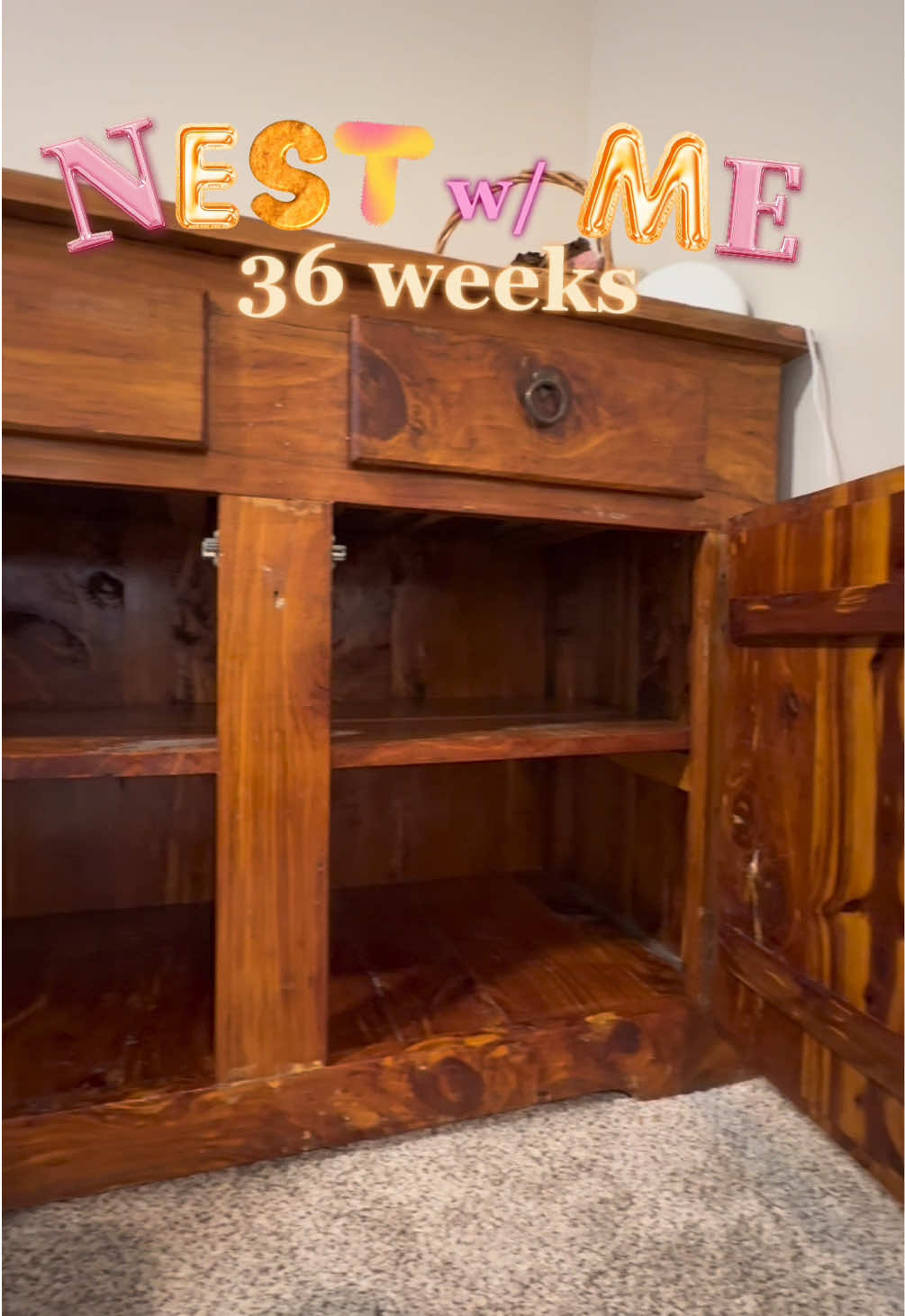 Nesting # 1: Filling this empty cabinet with baby clothes, swaddles, bra pads, pumps, bottle parts, burp cloths: you name it. I wanna have it all in one place in our bedroom & chat about how I find baby things at a lower cost.