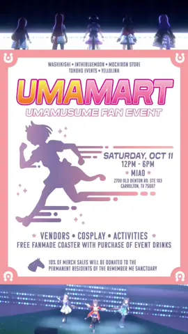 ⭐️ Ready to experience something umazing? ⭐️  Come join us at Miao Carrollton on October 11 from 12pm-6pm for nonstop fun!  Buy from local artists, try exclusive Umamusume themed drinks from Miao, and experience the passion and love for Umamusume!  Buy an event drink for an exclusive random coaster designed by the artists and support local horses! 10% of merch sale and tip matching from drink sales will be donated to the permanent residents of the Remember Me Sanctuary! ⭐️ #carrolltontx #umamusume #umamusumeprettyderby 