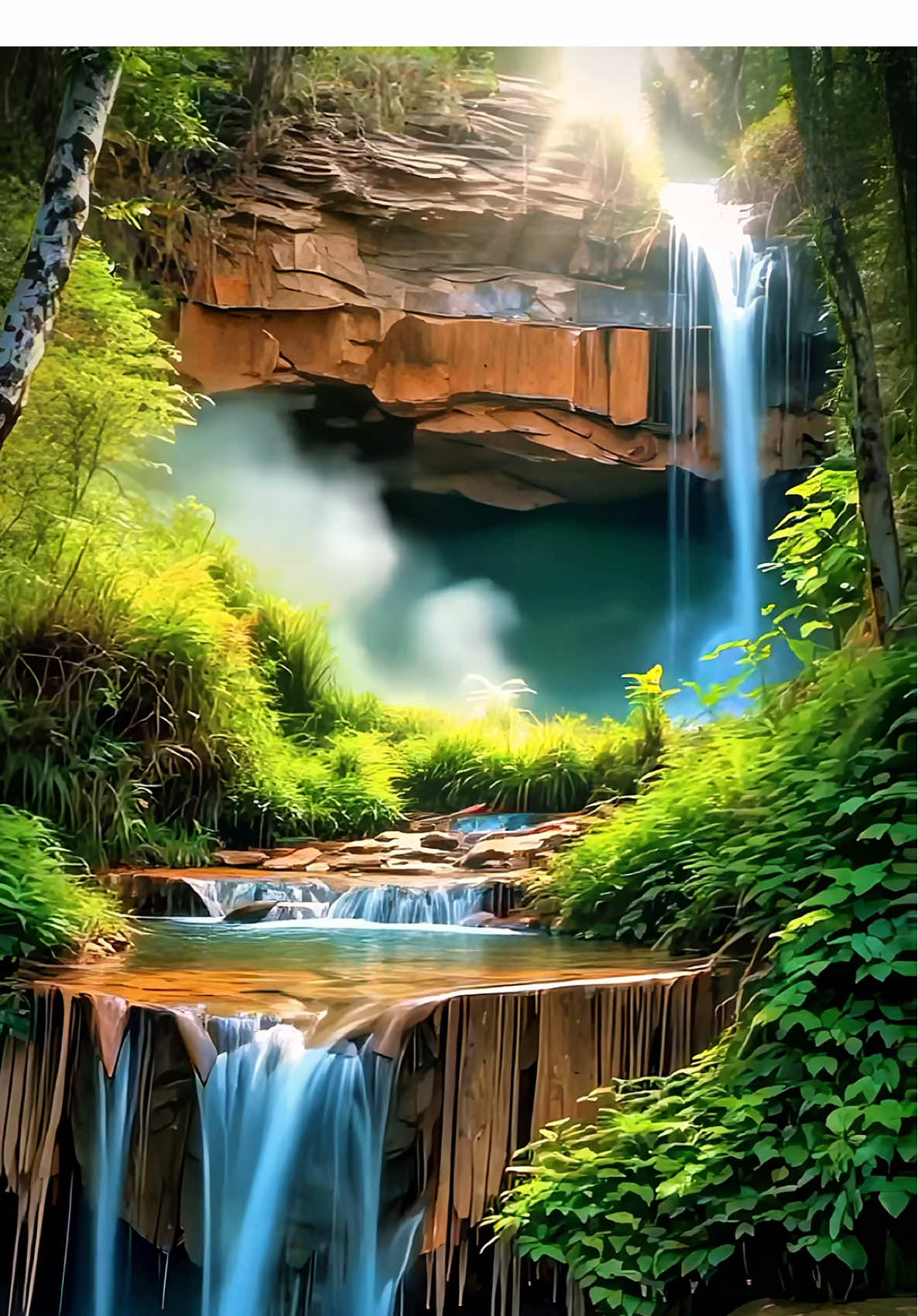 HD Background Aesthetic | Glowing Waterfalls 🌊🌳🌴🎋💙 Water crashes from towering cliffs, a symphony of raw energy sculpted by time… The air vibrates with power, and the pool below glows with life. The views to bring serenity into your day  A 4K live backdrop 💕 #4kwallpaper #livewallpaper ##2025trends #waterfalls #tropical 