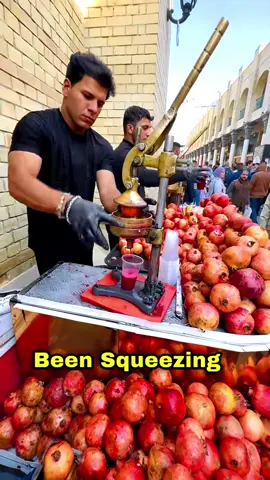 Pure Hand-Pressed Juice This vendor in Baghdad has been hand-pressing pomegranates for over 50 years. Each glass is rich, raw, and bursting with flavor, straight from his hands to yours. #Baghdad #PomegranateJuice #StreetVendor #FreshJuice #IraqiFood  