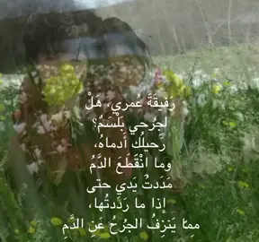 رَفيقَةَ عُمري، هَلْ لِجُرحي بَلْسَمٌ؟ رَحيلُكِ أَدماهُ، وما اِنْقَطَعَ الدَّمُ. مَدَدتُ يَدي حتّى إذا ما رَدَدتُها، مِمّا يَنزِفُ الجُرحُ عَنِ الدَّمِ. #اللهم_صل_على_محمد_وآل_محمد  #قصائد  #اصدقاء_صديقات  #شعر 