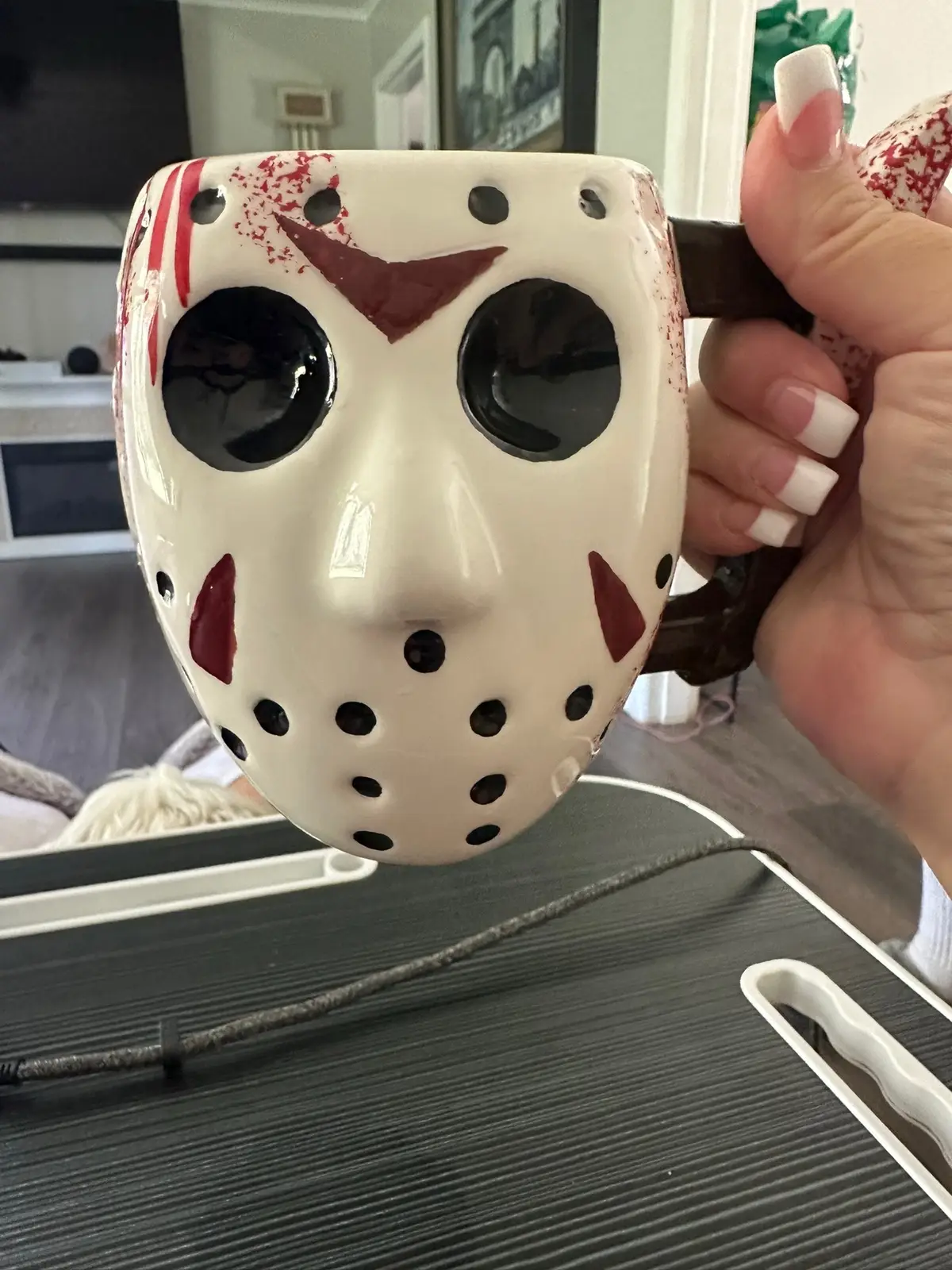 I am loving my new coffee mug that I got from Sprit Halloween. 🎃 #spirthalloween #fridaythe13th #coffeemug #jasonvorrhees 