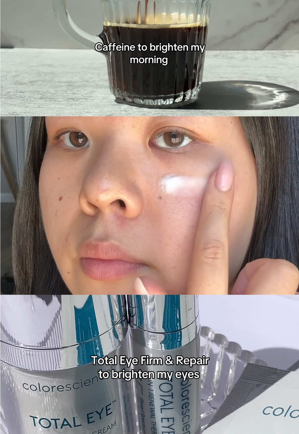 Caffeine brightens your morning, Total Eye Firm & Repair brightens your eyes ☀️✨  With caffeine + peptides, it helps reduce puffiness and dark circles.  Meet your new morning essential.  #colorescience #eyecare #brighteyes