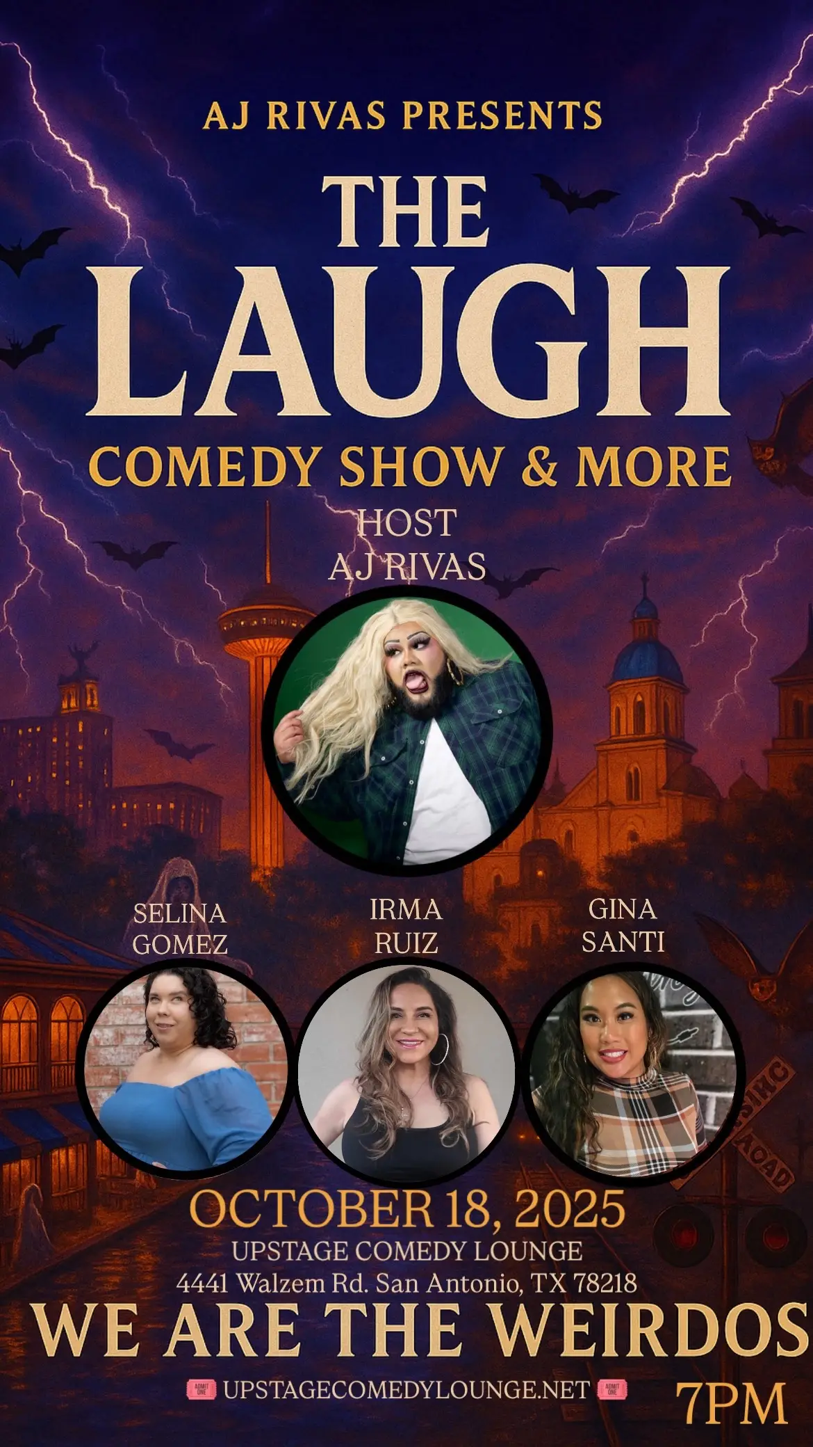 The witches are gathering, but instead of casting spells… we’re dropping punchlines AJ Rivas Presents:  THE LAUGH Comedy Show & More Saturday, October 18th @ 7PM @upstagecomedylounge  Hosted by me, AJ Rivas, with the comedic firepower of Selina Gomez @selinagomezcomedy , Irma Ruiz @irmaruiz_mindtwistcomedy & Gina Santi! @ginasgotjokes  ✨ Costumes are encouraged (but not required) come dressed to impress or just come ready to laugh! ✨ Don’t miss this spooky night of comedy! We are the weirdos! 🎃 🎟️upstagecomedylounge.net🎟️   #comedyshow #standup #standupcomedyshow #comedy