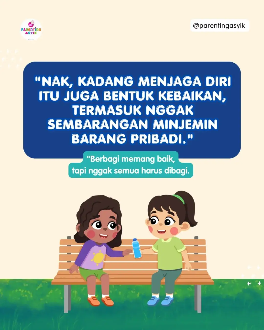 Mengajarkan anak berbagi itu penting, tapi mengenalkan batasan juga nggak kalah penting. Barang pribadi seperti botol minum, handuk, atau sisir, lebih baik dipakai untuk diri sendiri, demi tetap menjaga kebersihan & kesehatan. Kira-kira barang pribadi apalagi ya Moms yang sebaiknya tidak dipinjamkan oleh anak? 🤔