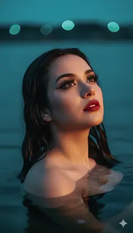 Gemini Ai @𝑬:Take this photo and and create high definition sharp images. Create a close up 3/4 with a strong contrast with a 35mm film portrait with water up to shoulders without changing my facial features. Lighting in the background blur-red. Head tilted back slightly as if I'm looking up. Stormy mood aesthetics with dark deer blues and cool colour palette but keep warm highlight. Keep my face as is and add lashes #fyppppppppppppppppppppppp #geminiai #fypシ゚ #aigemini 