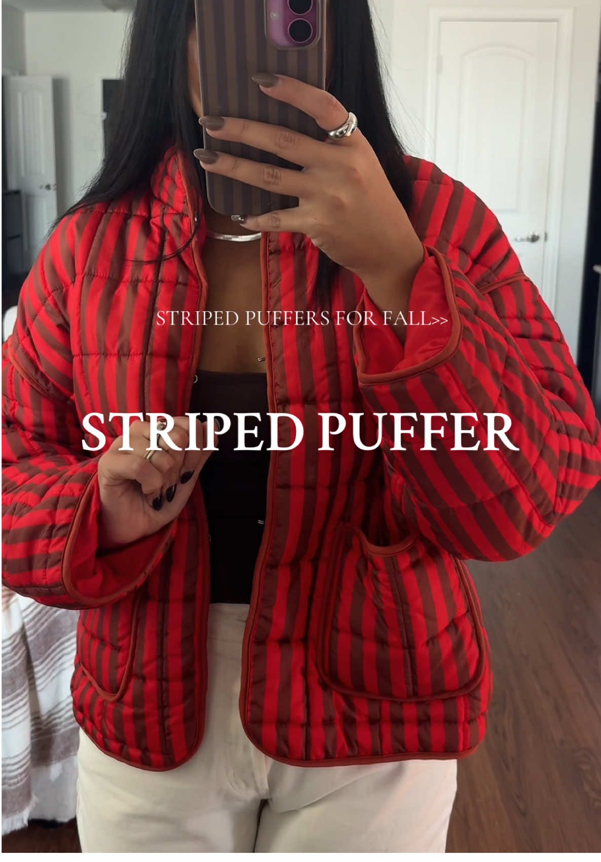 Stripes and brown and puffers for Fall Ourfits!!! So in love with the colors on this one!! Striped Puffer Jacket. Fall Outfit Inspo. Outfit Ideas. #outfit #outfitideas #falloutfit #pufferjacket #stripes 