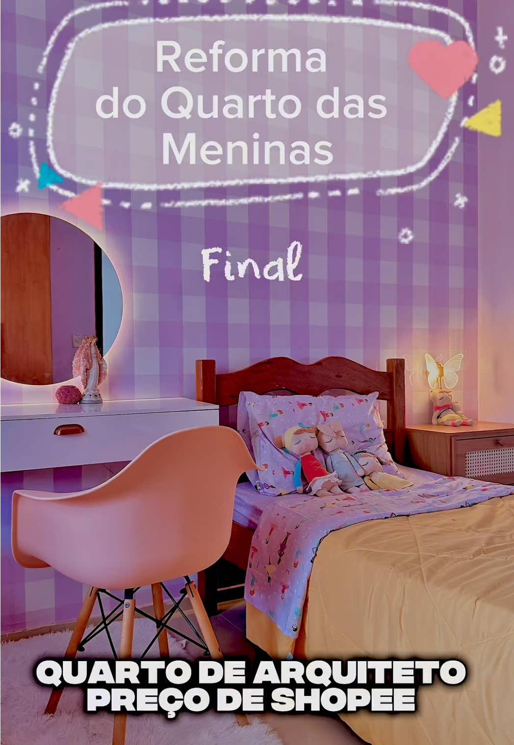 💜 Reforma do quarto das meninas – Parte Final 💜 Esse quarto é muito especial para mim, porque quando eu era criança eu sonhava em ter um quarto assim — via nas revistas teen e imaginava cada detalhe. Hoje, poder proporcionar isso para minhas filhas é um sonho realizado! ✨ E o melhor de tudo: gastando pouco conseguimos fazer um quarto de revista, cheio de afeto e significado. 💫 🛋 Itens usados no projeto • Penteadeira – BDV-DRP-XVT • Espelho com LED – AGG-FRU-SDV • Tapete passadeira – AWW-JJP-QUR • Robô aspirador – BBL-ZEC-ZBP • Edredon – AUN-DXC-SAX • Ventilador com luminária – AZC-USS-AGD • Arandela de borboleta – CDU-AGE-UGD • Puf decorativo – BNS-RWT-FCT • Bonecas Metoo – BUU-TXS-YPY • Kit lençol de elástico – BKA-NLP-CPS 📩 Não quer copiar os códigos? Me chama no privado que eu te envio os links diretos para cada produto! 💬 Comenta aqui o que achou do quarto! Quero saber se você também ama esse tipo de transformação 😍 #shopeecreator #acheinashopee #shopeebr #reforma