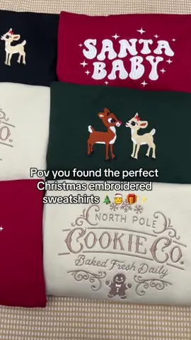 The cutest Christmas embroidered holiday sweatshirts available in our shop 🎄 🎅 🎁 ✨ #christmas #christmastok #christmastiktok #christmasgiftideas #christmassweater 