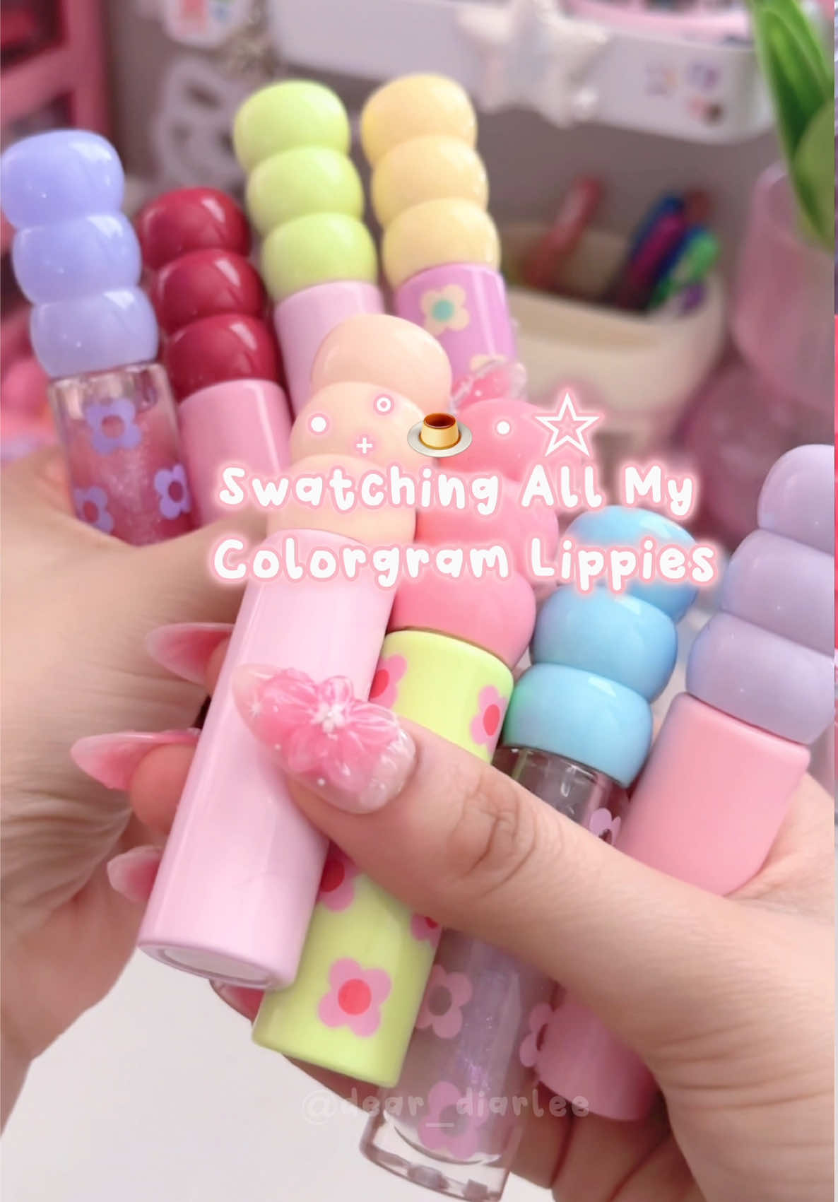 Swatching all of my Colorgram Fruity Glass Tints ⋆｡°🍡°⋆. ࿔  @Colorgram US @colorgram_official @colorgram_kr #kbeauty #colorgram #fruityglasstint #koreanmakeup #liptint 