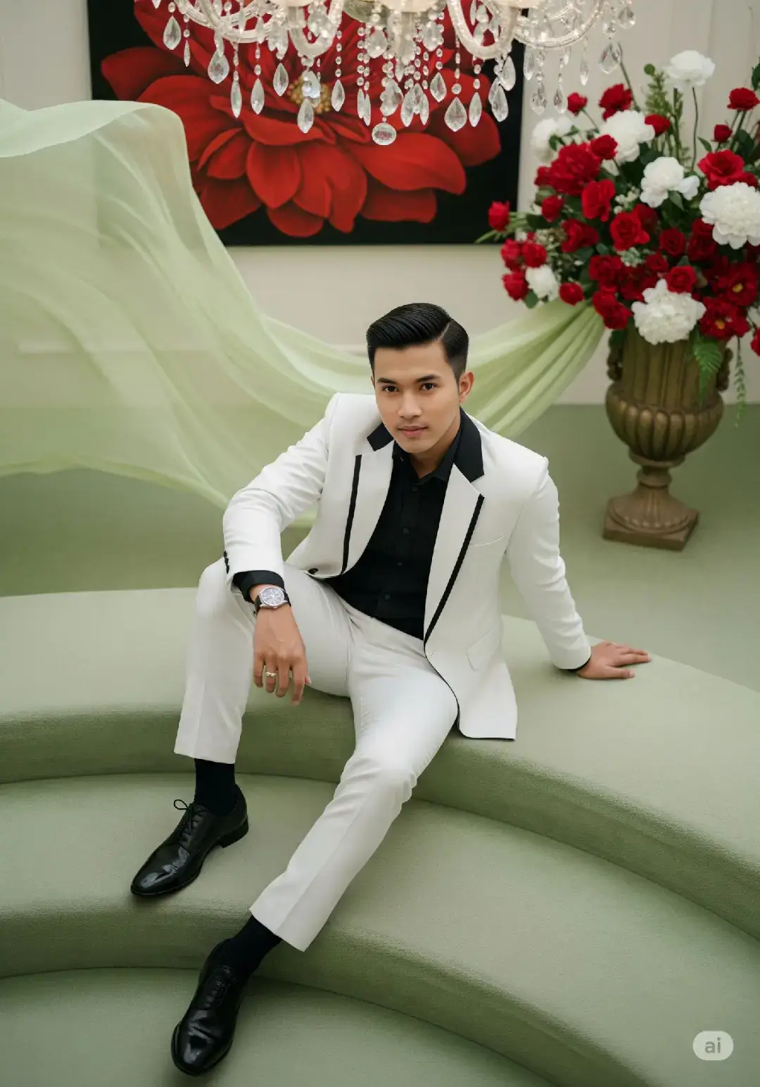 PROMPT: Seorang pria muda tampan asal Indonesia dengan rambut bergaya slick back rapi sedang duduk santai di tangga melingkar berkarpet hijau terang. la mengenakan setelan jas putih dengan aksen hitam di bagian kerah, dipadukan dengan kemeja hitam, jam tangan stylish di pergelangan tangan, dan sepatu kulit hitam mengkilap. Latar belakang dihiasi kain panjang tipis berwarna hijau terang senada dengan karpet yang menjuntai dan terbang tertiup angin, vas bunga besar berisi rangkaian bunga merah dan putih, serta lukisan bunga besar bernuansa merah di dinding. Sebuah lampu gantung kristal mewah tergantung di atasnya, menambah kesan elegan dan glamor. Detail pengambilan kamera: sudut kamera dari atas (bird-eye view) dengan framing lebih dekat (close-up shot), fokus tajam pada pria tersebut agar ekspresi wajah, pakaian, dan detail pose terlihat jelas. Latar belakang tangga hijau, kain terbang, dan chandelier tetap terlihat namun menjadi elemen pendukung yang membingkai subjek utama. Pencahayaan lembut dan seimbang, menonjolkan kesan dramatis namun tetap elegan. Aspek rasio 3:4. #gemini #fyp #fypシ゚ #foryoupage #fyppppppppppppppppppppppp 