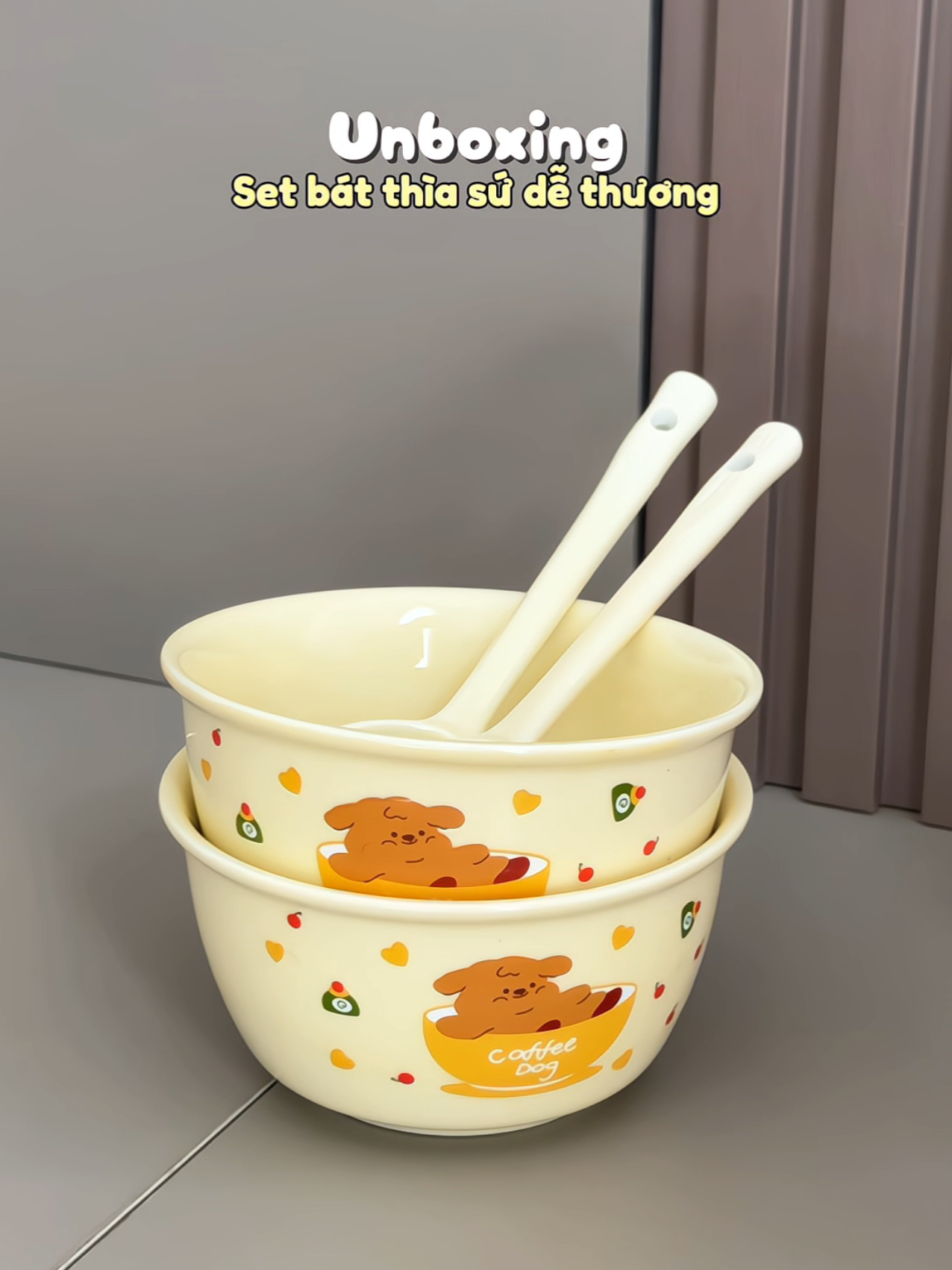 Set 2 bát sứ kèm thìa họa tiết xinh iu 🥰🥰 #unboxing #review #batancom #batxinh 