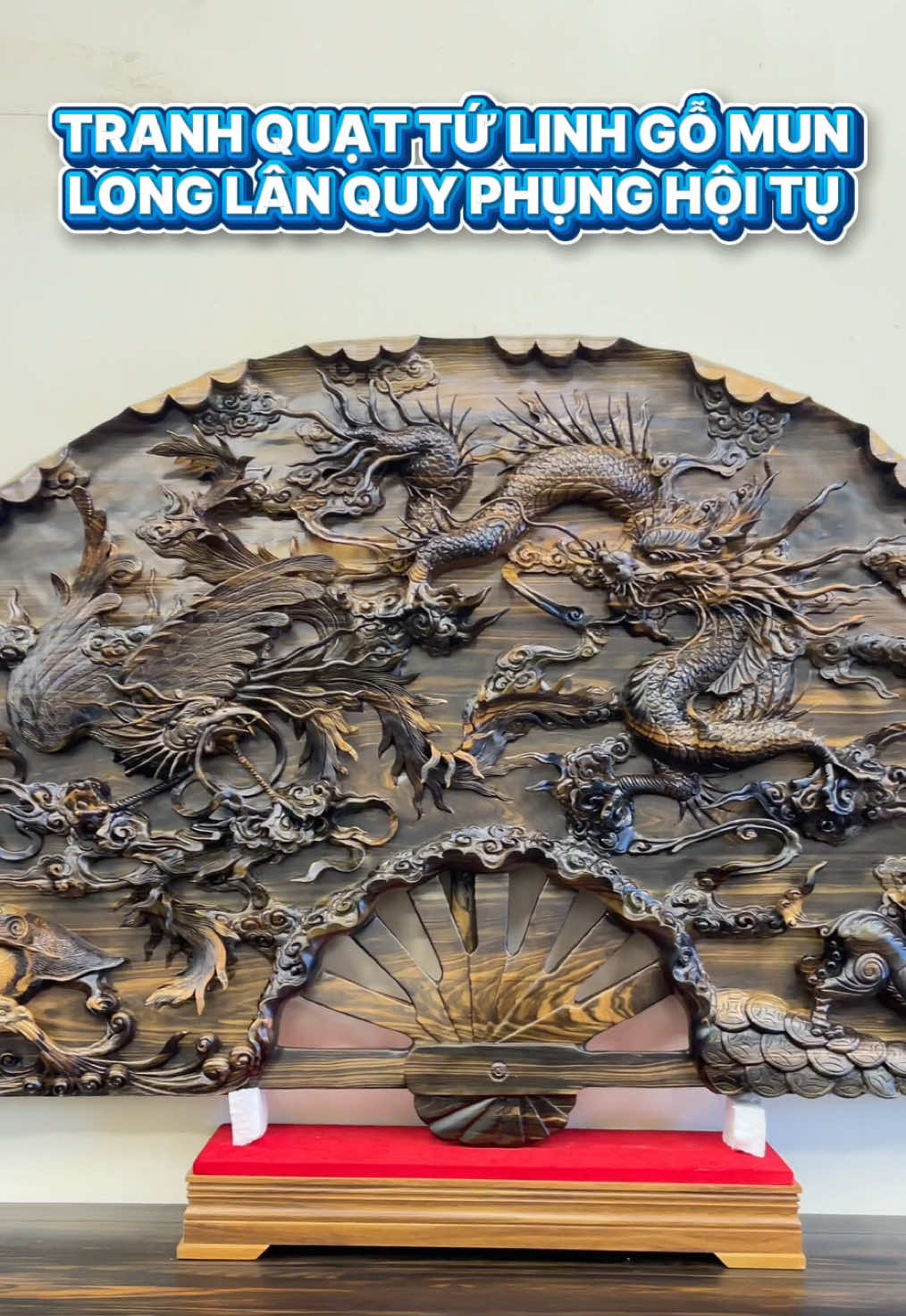 Tranh quạt Tứ Linh - Long Lân Quy Phụng hội tụ. Hội tụ sinh khí trời đất, điêu khắc thủ công mỹ nghệ sắc nét. #dogovuongthao #tranhquattulinh #tranhgoductay #dogomynghe #tranhgodep 