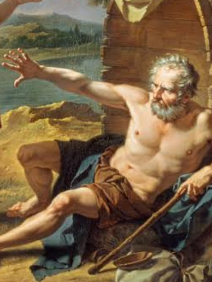 Diogenes—berbaring di bawah sinar matahari—ditemui Alexander Agung yang menawarkan apapun yang Dio inginkan. Diogenes hanya menjawab: “Minggir; kau menutupi matahariku.” Ucapan sederhana itu merangkum inti sikap Cynic: penolakan terhadap status, harta, dan kekuasaan sebagai sumber kebahagiaan; kebajikan sejati berasal dari kemandirian (autarkeia) dan hidup selaras dengan kebutuhan alamiah. Catatan anekdot ini hadir dalam beberapa versi klasik dan dipakai oleh filsafat kemudian sebagai simbol kritik terhadap materialisme dan kekuasaan.  #filsafat #diogenes #filsafatyunani
