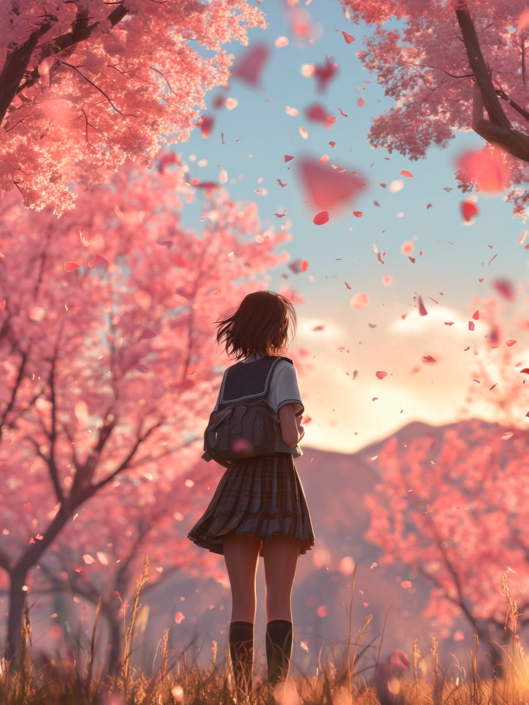 Petals of memory dancing in the spring breeze. #cherryblossom #SpringDream #AnimeArt #ScenicView #PetalShower #SunsetGlow #AnimeInspiration #NatureBeauty #SereneMoments