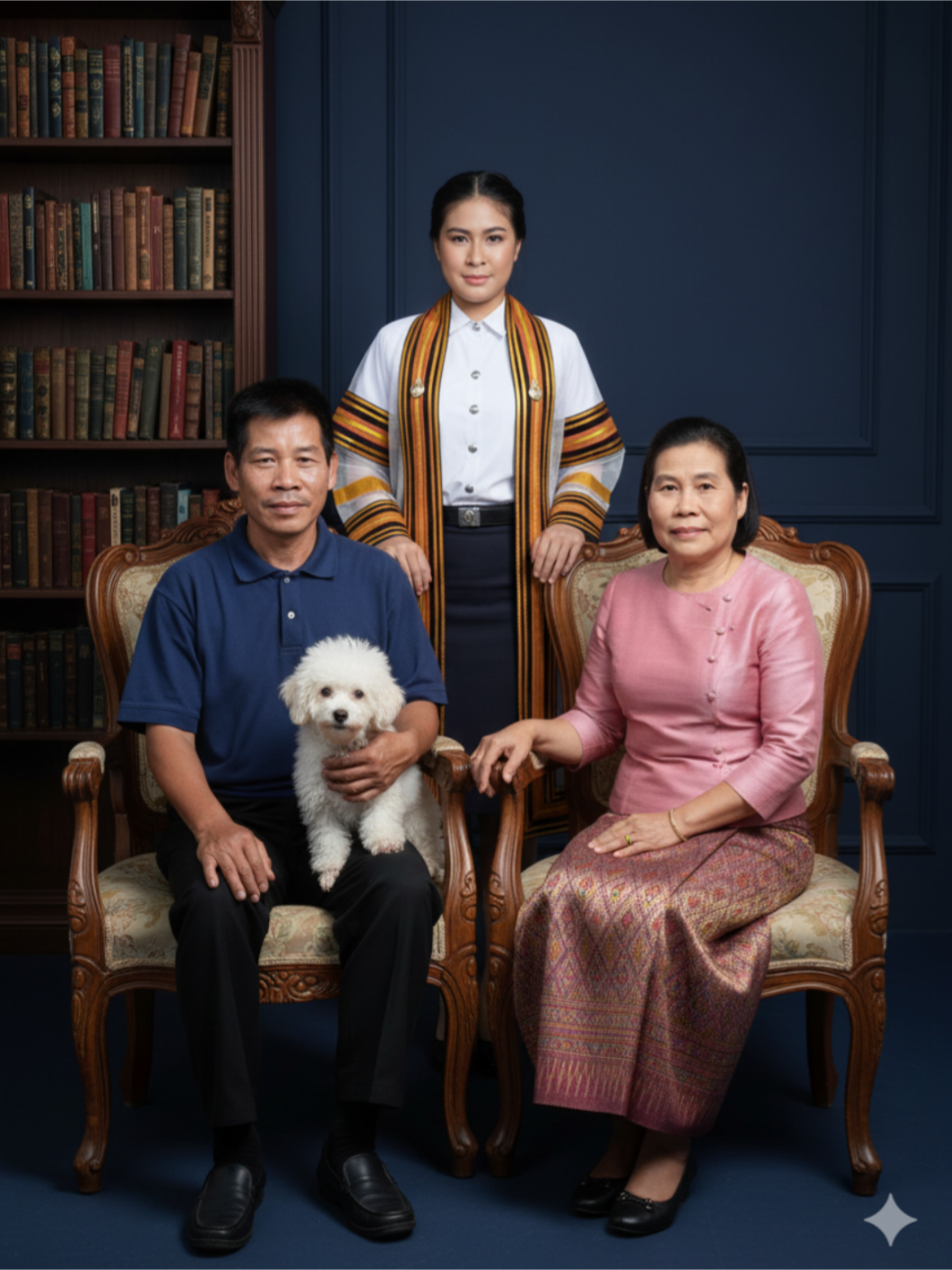 ได้ถ่ายรูปรับปริญญาด้วยกันสักทีนะคุณพ่อคุณแม่ ขอบคุณ Gemini ที่ช่วยให้มีรูปครอบครัวแบบพร้อมหน้ากันสักที ถึงแม้จะไม่เหมือน100% ก็ตาม  แจกคำสั่ง สร้างภาพสมาชิกในครอบครัวโดยใช้แบบต้นฉบับที่แนบไปให้ ใบหน้าเหมือนเดิม 100% ผู้หญิงใส่ชุดครุยปกติขาวกระโปรงทรงแคบสีเดียวกับชุดใช้ไฟล์ที่แนบมาเป็น ใบหน้าและชุดอ้างอิง ภาพระยะใกล้สำหรับบรรณาธิการ ทรงผมเป็นมัดรวบต่ำติดเน็ตผมดังรูปที่แนบ, Canon EOS R5, เลนส์ 85 มม. f/1.2, รูรับแสง f/1.2, DOF ตื้นพิเศษ, ท่าทางให้ชายคนเสื้อกรมและหญิงเสื้อสีเทานั่งประสานมืออยู่บนเก้าอี้ไม้หรูหรา เบื้องหลังมีชั้นหนังสือภูมิฐาน ,น้องสุนัขสีขาวนั่งบนตักชายเสื้อสีกรม,ตามองกล้องคนที่ใส่ชุดปกติขาวยืนตรงข้างๆ มือวางที่ขอบเก้าอี้ ท่าทางแสดงถึงความรักความอบอุ่น , ทุกคนยิ้มนิดๆ,พื้นหลังสตูดิโอสีกรมแบบมินิมอล, ผิวพอร์ซเลนเปล่งประกาย, สุนทรียศาสตร์แฟชั่นที่เน้นรายละเอียดอย่างพิถีพิถัน, อัตราส่วนภาพ 3:4 --ไฮเปอร์เรียลลิสม์ #gemini #ai #รูปครอบครัว 