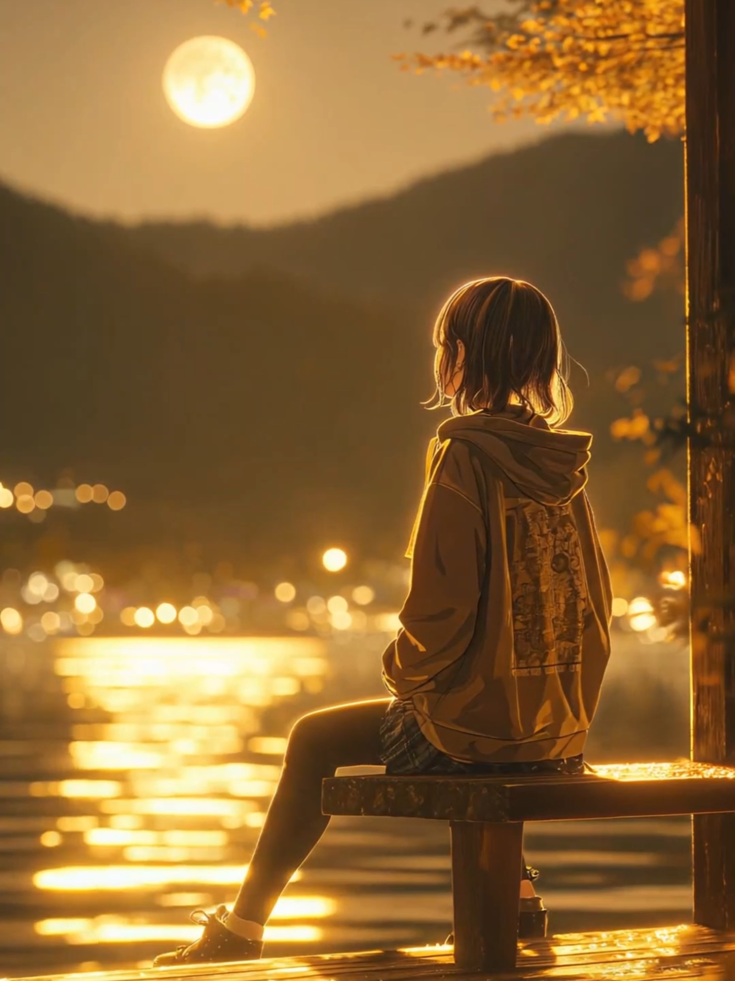 Golden reflections of a quiet night 🌕✨ #moonlight #goldenhour #quietmoments #nightvibes #serenescene #animeart #digitalillustration #peacefulnight #softlighting #dreamyscene
