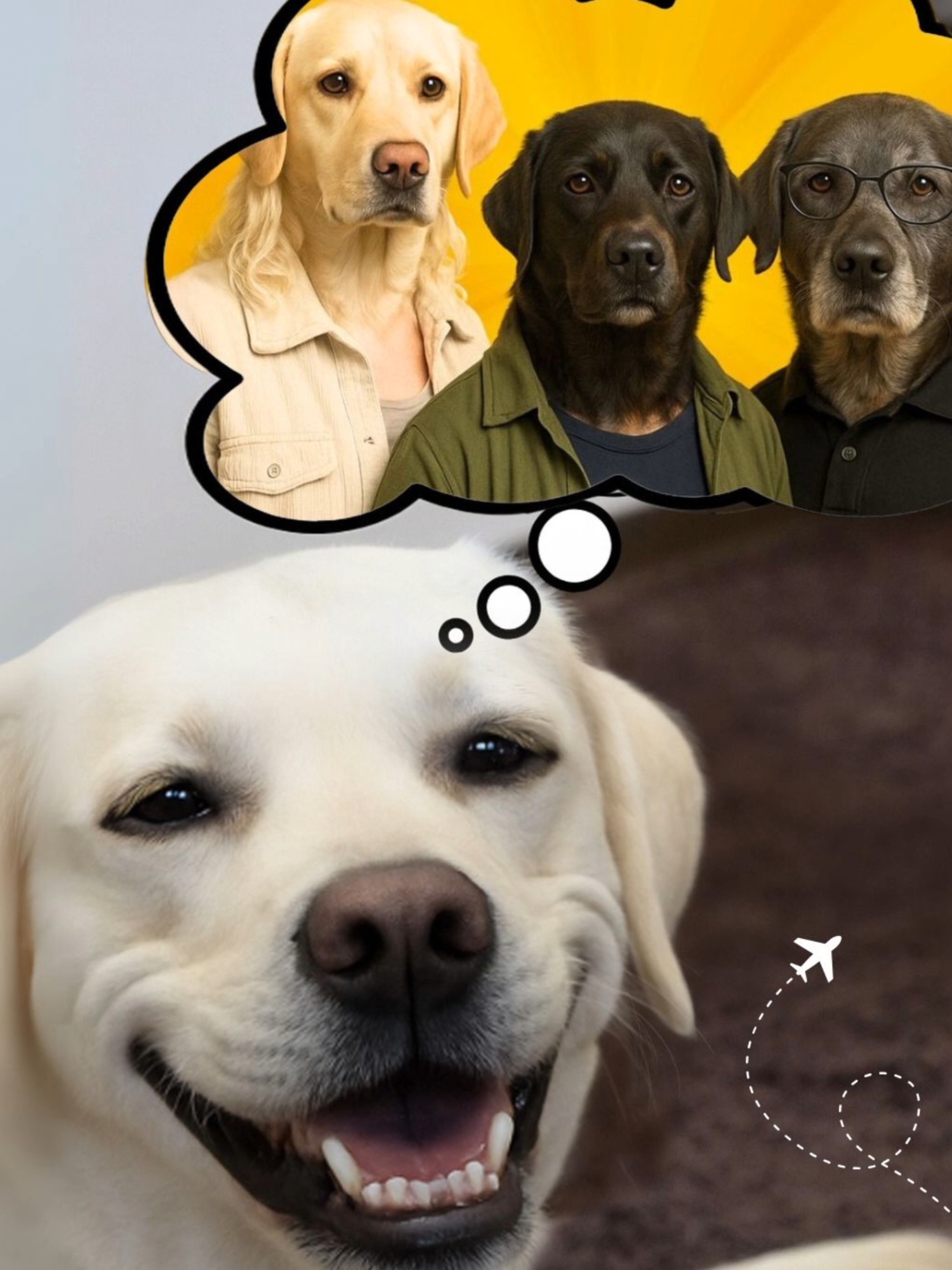 🐾 Wenn Bürohunde träumen… 🐶💭 👉 Welcher Look trifft’s am besten? Schreibt’s in die Kommentare! #HundImBüro #Teamsonnenklar #Reisebüro #KIContent #AIfun #BremenCity #OfficeDog #SpaßMussSein