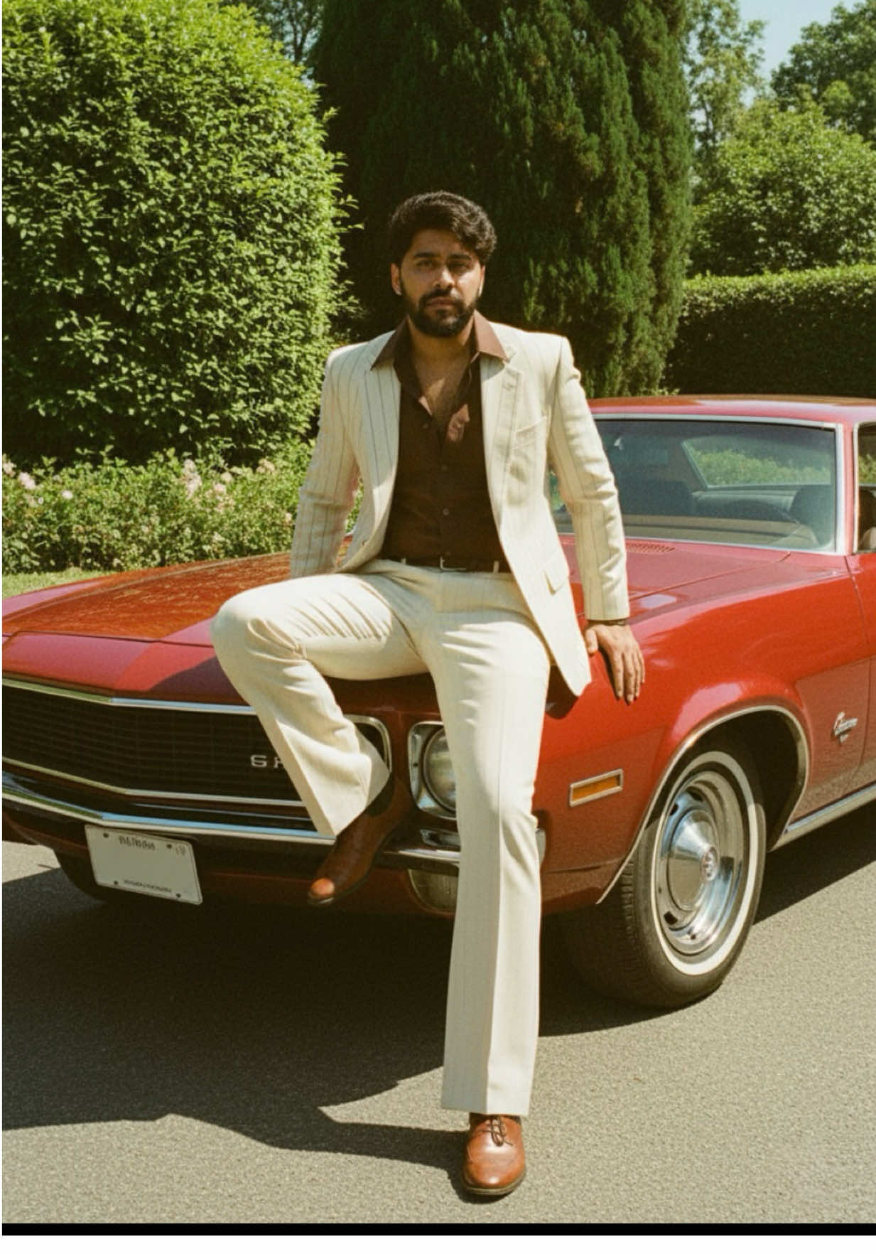 Prompt⬇️ Create a vintage 1970s Bollywood-inspired photograph of a stylish man sitting casually on the hood of a classic car. He is dressed in a cream pinstriped blazer, cream bell-bottom trousers, and a dark brown shirt with the top buttons open, paired with brown formal shoes, giving a confident mafia-style look. The car has wide whitewall tires, chrome details, and a polished metallic body, reflecting sunlight. In the background, tall green trees and hedges frame the scene. The photograph has the warm, grainy tones of a 1970s film camera, giving it a retro cinematic vibe.