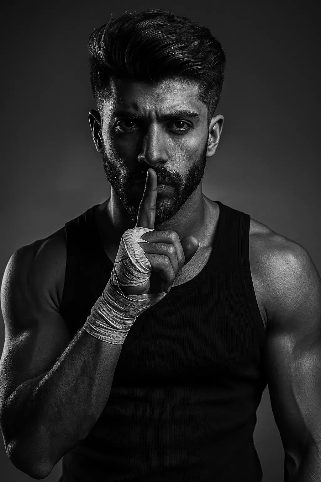 invite chatgpt Portrait numérique en noir et blanc à contraste élevé d'un jeune homme portant un débardeur noir sans manches, debout sur un fond dégradé lisse. Une main est enveloppée dans du ruban de boxe blanc et portée à ses lèvres avec son index étendu dans un geste 