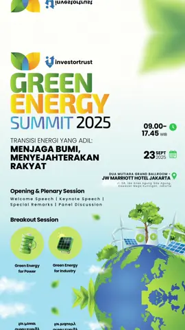 Dunia menghadapi dua tantangan besar: krisis iklim global dan kemiskinan. Di satu sisi, bumi semakin panas akibat emisi karbon. Di sisi lain, jutaan masyarakat di Indonesia masih berjuang keluar dari kemiskinan ekstrem. Bagi mereka, energi bukan sekadar isu lingkungan, melainkan kebutuhan dasar untuk hidup. Indonesia tidak boleh memilih salah satu, menjaga bumi atau menjaga rakyat. Keduanya harus berjalan seimbang. Karena itu, transisi energi dilakukan secara adil, berkelanjutan, dan inklusif. Investortrust menghadirkan Green Energy Summit 2025 sebagai forum strategis untuk membahas solusi transisi energi yang tidak hanya menyelamatkan bumi, tetapi juga menyejahterakan rakyat. ‼️SAVE THE DATE‼️ 📅 Selasa, 23 September 2025 📍 Dua Mutiara Grand Ballroom, JW Marriott Hotel Jakarta ⏰ 09.00 – 17.45 WIB This event is open for public! Link registrasi will be announced soon, stay tuned on our Instagram. #GreenEnergySummit2025 #investortrust #investortrustid #transisienergi 