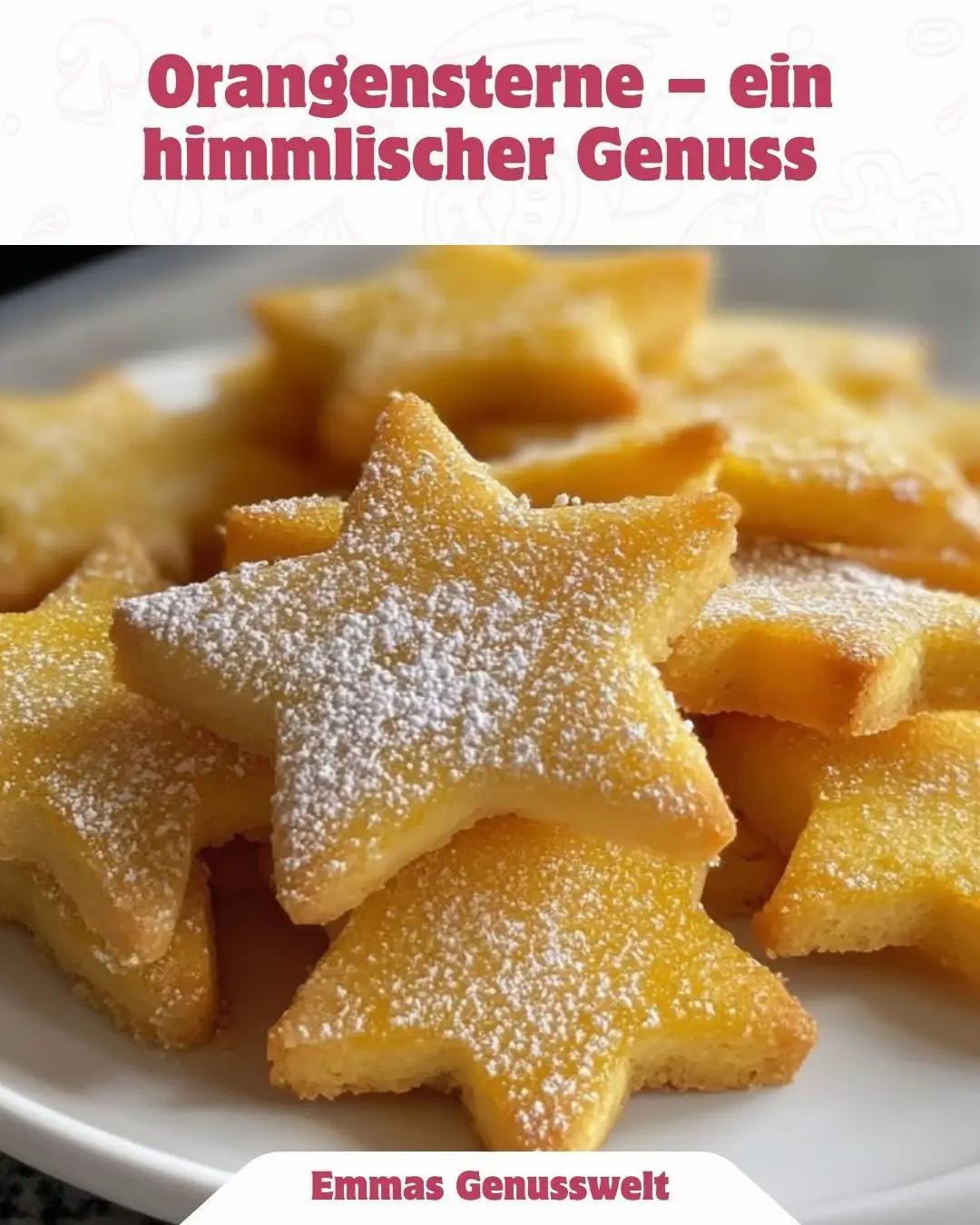 Zutaten:  - 250 g Mehl - 125 g Butter - 100 g Zucker - 1 Päckchen Vanillezucker - 1 Ei - 1 TL Backpulver - Schale von 1 Bio-Orange - 100 g Puderzucker - 2 EL frisch gepresster Orangensaft Zubereitung:  1. Heize den Ofen auf 180°C (Ober-/Unterhitze) vor. 2. Vermische das Mehl, Backpulver, Zucker und Vanillezucker in einer Schüssel. 3. Füge die Butter in kleinen Stückchen und das Ei hinzu und verknete alles zu einem glatten Teig. 4. Reibe die Schale der Bio-Orange und füge sie zum Teig hinzu. Knete alles gut durch. 5. Rolle den Teig auf einer bemehlten Fläche etwa 0,5 cm dick aus. 6. Steche mit einer Sternform die Plätzchen aus und lege sie auf ein mit Backpapier ausgelegtes Blech. 7. Backe die Plätzchen für etwa 10-12 Minuten, bis sie leicht goldbraun sind. 8. Lass die Plätzchen auskühlen und rühre in der Zwischenzeit den Puderzucker mit dem Orangensaft zu einem glatten Guss. 9. Verz decorate die abgekühlten Sterne mit dem Zuckerguss. Diese Orangensterne erinnern mich immer an die gemütlichen Nachmittage in der Küche meiner Großmutter, wo der Duft von frisch gebackenen Plätzchen die ganze Wohnung erfüllte.  Guten Appetit ✨ #Rezept