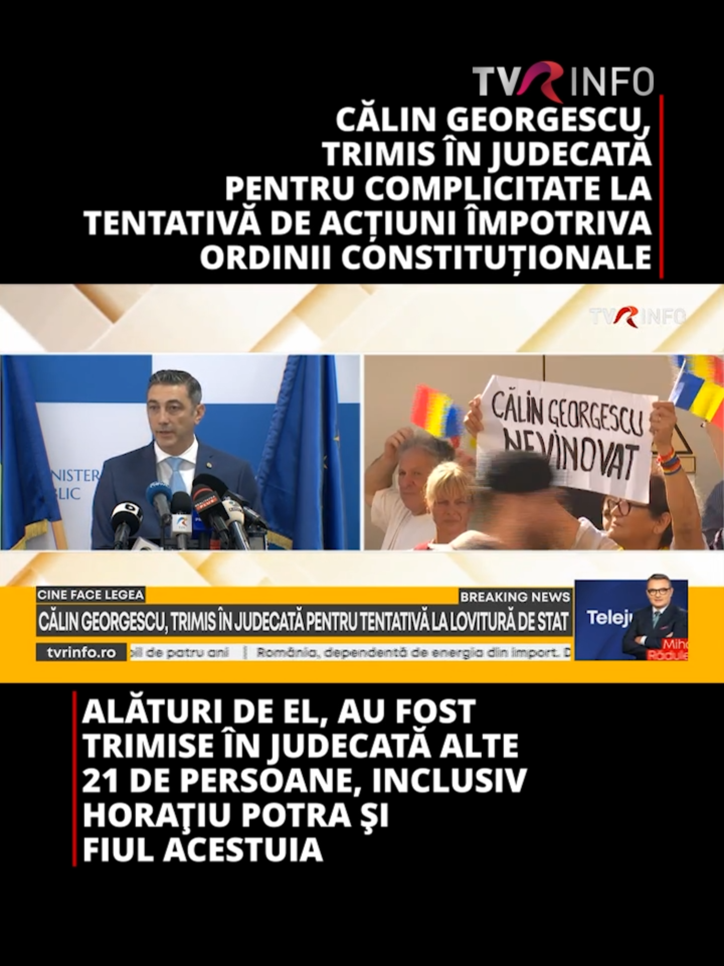Parchetul General a decis trimiterea în judecată a lui Călin Georgescu pentru complicitate la instigare la răsturnarea ordinii constituționale. Alături de el, au fost trimise în judecată alte 21 de persoane, inclusiv Horaţiu Potra şi fiul acestuia #news #tvrinfo #fyp #viralromania #foryoupage❤️❤️ #Romania #procuror #AlexFlorenta #lovituradestat #HoratiuPotra #mercenari #CG