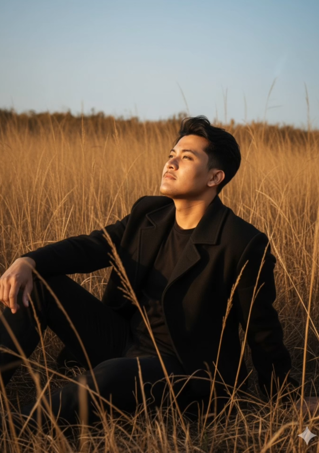 Prompt : Edit photo ini menjadi duduk di tengah padang ilalang tinggi cokelat keemasan yang kering, dengan cahaya matahari sore (golden hour) yang hangat menyinari wajahnya. Model memakai coat berwarna hitam . Rambutnya tertiup angin. Ekspresinya wajah tenang dan damai seperti menikmati angin dan suasana tidak melihat kamera. Satu tangan didekatkan keatas kepala melindungi sinar matahari yang silau. Latar belakang yang kontras dengan warna tanah kecokelatan padang rumput. Suasana foto terasa melankolis, artistik, dengan nuansa dramatis dan estetik khas potret editorial. Detail teknis ntuk prompt foto Al: Lighting: natural golden hour Mood: dreamy, melancholic, serene Pose: duduk, relaxed expression Setting: wide open dry grass field, golden brown tones Camera angle: low angel dari samping di halangi rerumputan yang tinggi terlihat agak blur, wajah si model Terlihat jelas Style: cinematic, editorial fashion photography, moody aesthetic Foto 9:16 4K. #gemini #cici #chatgpt #ai #fotografia