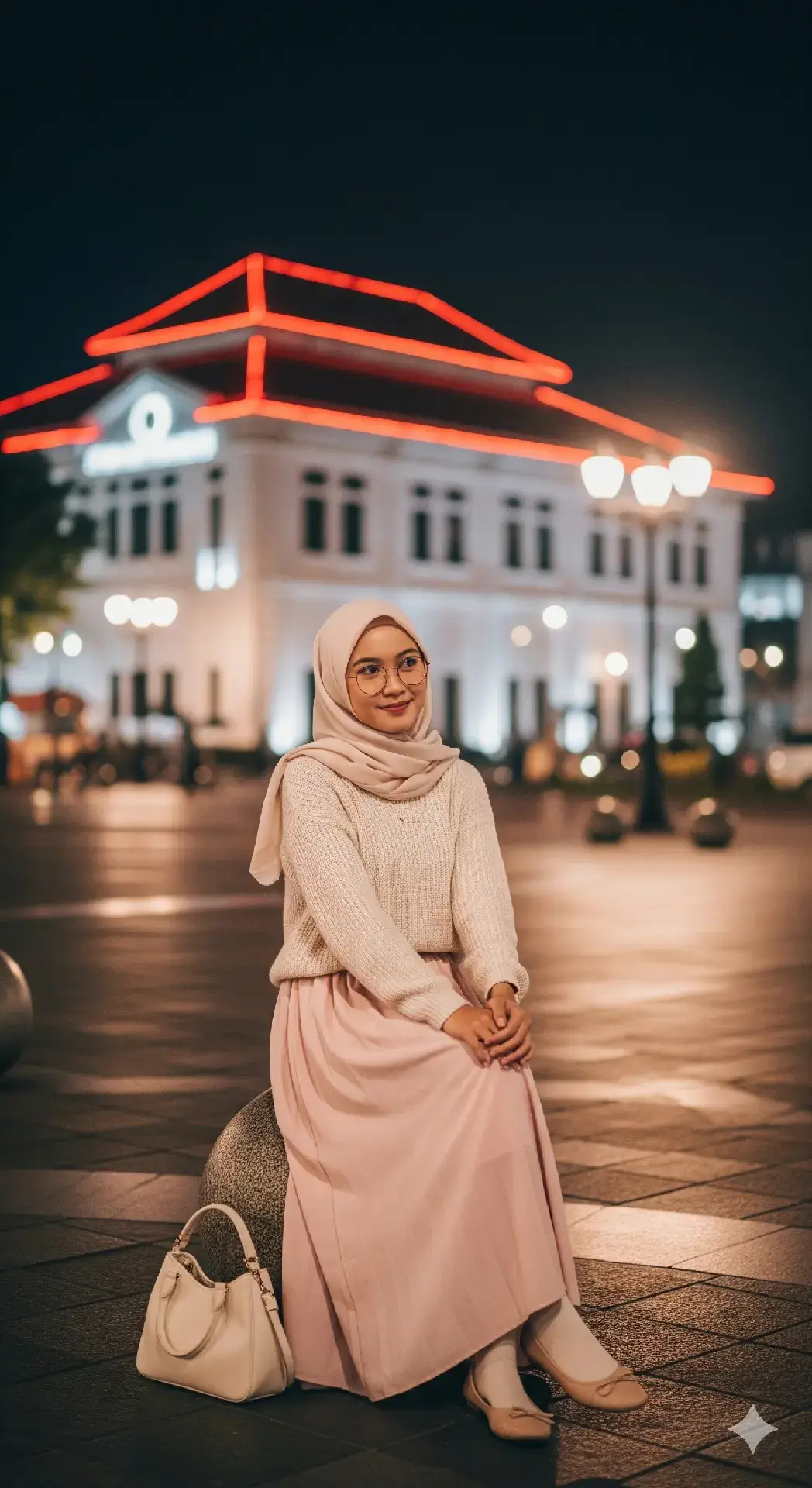 Prompt: Ultra realistic night street photography of a young Indonesian woman wearing a pastel cream hijab and cream knit sweater, light pink flowy skirt, and cream handbag on her shoulder, sitting gracefully on a stone sphere in a city square. She wears round glasses, smiling softly while looking to the side, with relaxed and natural posture. Background shows Malioboro area in Yogyakarta, with iconic colonial-style white building of BNI 46 glowing under neon red roof lines, warm street lamps, and slightly wet pavement reflecting city lights. The background has soft bokeh effect to keep focus on the subject, while still showing authentic Jogja night ambiance with a few parked cars and pedestrians blurred in motion. Skin tone natural with subtle warm undertones, realistic fabric texture, sharp but natural facial features, high detail in clothing folds, depth of field focusing on subject, cinematic lighting, taken with a professional DSLR camera, aperture f/1.8, ISO 800, 85mm lens, night atmosphere. –ar 9:16 –v 6 –q 2 #xybca #yogyakarta #malioboro #nolkilometerjogja #geminiai 