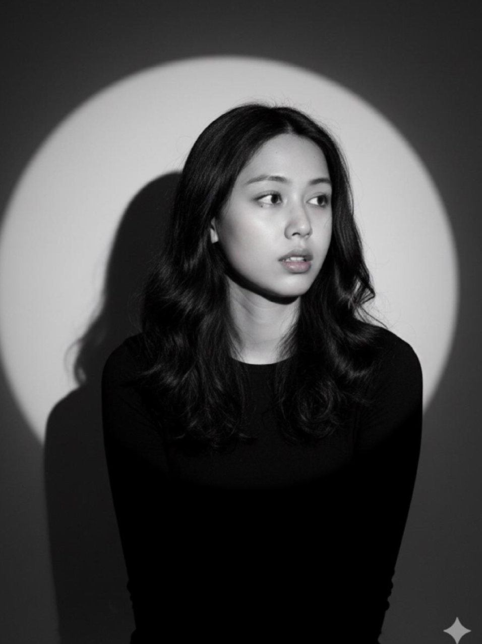 buka google gemini => upload foto=> paste prompt ini : Studio portrait of a young woman with the same face as the model, with long dark hair, predominantly black and white but with subtle hints of color. The photo is taken with a high-resolution camera. The woman is seated, gazing to the right side of the frame with a pensive or slightly worried expression. Her skin is fair, visible only on her face and neck, with a slender face and sharp cheekbones. Her eyes are bright, creating a strong contrast with her dark hair, and her gaze is directed away from the viewer. Her lips are slightly parted, adding intensity to her expression. She is wearing a thin black shirt that covers her entire body, with the fabric visible around her neck. The lighting is dramatic and theatrical, with a strong, circular spotlight illuminating the wall behind her, creating a bright halo. A faint shadow of her upper body looms on the left side of the frame, partially obscured by darkness, adding depth and mystery to the composition. The background is a plain wall, with the spotlight being the dominant feature, creating a minimalist yet impactful atmosphere. The overall mood is serious and enigmatic.