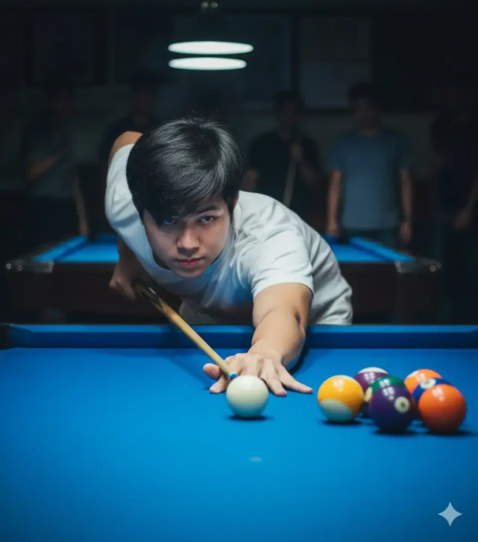 PROMOT : A portrait of a young person (based on the reference photo). They have natural skin tone, hairstyle, and facial features that follow the reference. They are playing pool, leaning over a pool table, focused on aiming a cue stick at the balls with a serious expression. Their outfit matches the style and proportions from the reference photo. Their body is angled forward, with weight shifted toward the pool table. The pool table is a vibrant, deep-blue color, with various colored pool balls clustered on the table surface. The background is slightly out-of-focus, showing a dimly lit room and other people. Lighting is focused on the subject, highlighting the action. The image has a slightly low-angle perspective, emphasizing the determined stance. The composition is dynamic, emphasizing the moment of the shot. The atmosphere is energetic and focused on the competitive aspect of the sport. Focus is on the player’s hand and the cue stick. A pool cue is prominent in the image. #ai #potolab #gemini #chatgpt #CapCut 
