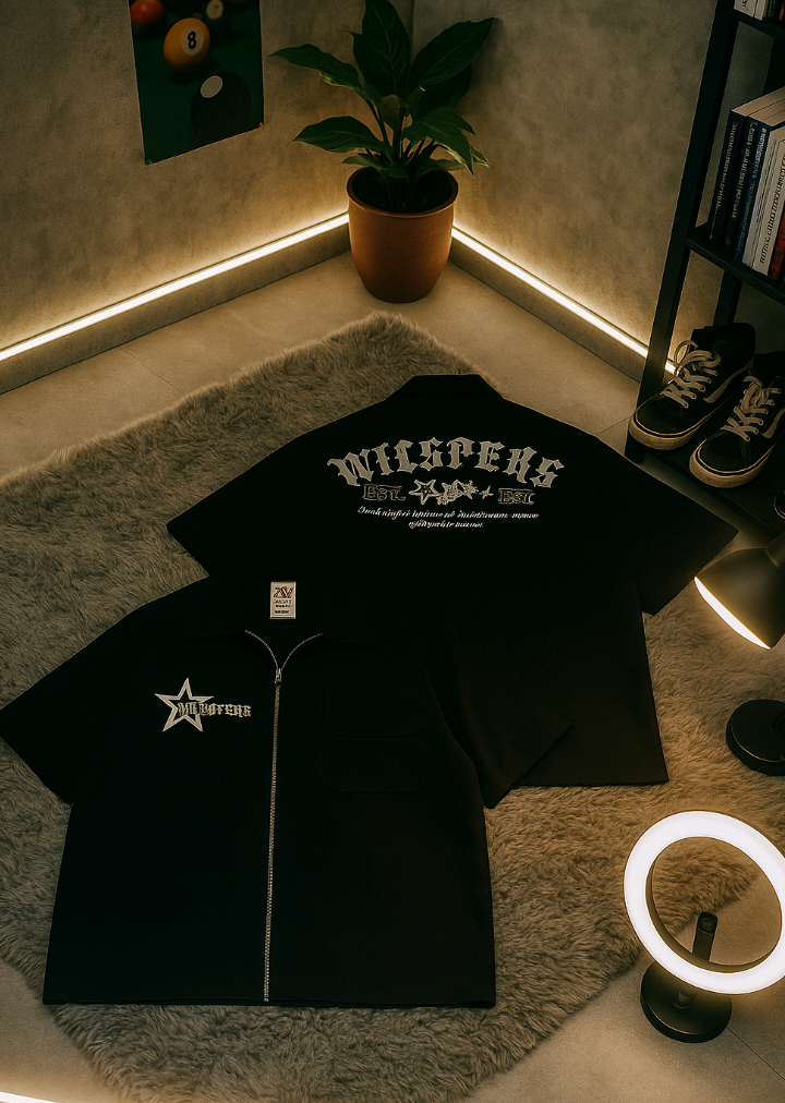 Giovent Work Shirt Zipper Boxy Kemeja Kerja Casual Black 