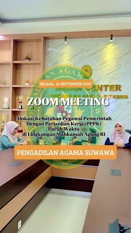 Suwawa - Selasa, 16 September 2025. Bertempat di Media Center Pengadilan Agama Suwawa, Ketua Pengadilan Agama Suwawa bersama Sekretaris dan Kasubag Kepegawaian mengikuti kegiatan Zoom Meeting bersama Pengadilan Tinggi Agama Gorontalo tentang Alokasi Kebutuhan Pegawai Pemerintah Dengan Perjanjian Kerja (PPPK) Paruh Waktu di Lingkungan Mahkamah Agung RI.  Follow dan kunjungi juga akun media sosial dan website PA Suwawa  Instagram : pasuwawa Facebook : Pengadilan Agama Suwawa Youtube : PA Suwawa Tiktok : pa_suwawa  Website :  www.pa-suwawa.go.id @humasmahkamahagung  @ditjen.badilag  @ptagorontalo  #pasuwawa #bisa 