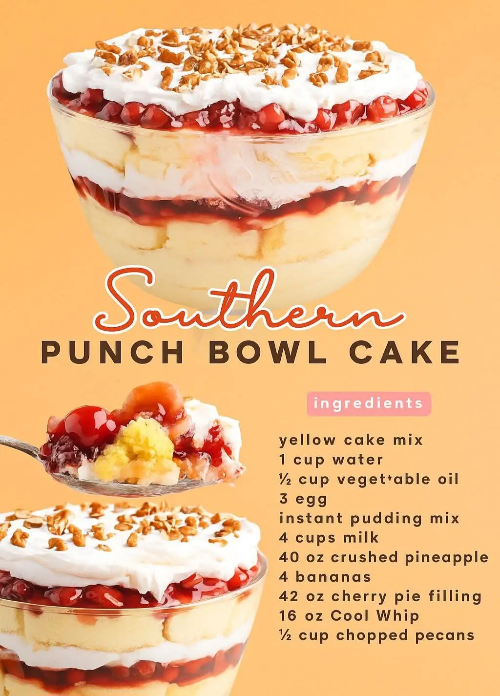 Southern Punch Bowl Cake!! Ingredients 15.25 oz yellow cake mix 1 cup water ½ cup vegetable oil 3 eggs 6.8 oz instant vanilla pudding mix 4 cups cold whole milk 40 oz crushed pineapple, well-drained 4 bananas, sliced 42 oz cherry pie filling 16 oz whipped topping, thawed ⅓ cup chopped pecans Instructions: 1. Bake the cake – Prepare the yellow cake mix according to the package directions using the water, oil, and eggs. Bake and allow to cool completely. Cut into cubes or crumble into large chunks. 2. Make pudding – In a large bowl, whisk together the vanilla pudding mix and cold milk until thickened. 3. Layer the dessert – In a large punch bowl or trifle dish, layer half of the cake pieces, half of the pudding, half of the pineapple, half of the bananas, half of the cherry pie filling, and half of the whipped topping. 4. Repeat layers – Repeat the same layers with the remaining ingredients. 5. Top with pecans – Sprinkle chopped pecans over the final layer of whipped topping. 6. Chill before serving – Refrigerate for at least 2 hours to let the flavors meld before serving. #sweets #Recipe #recipes #cake #baking 