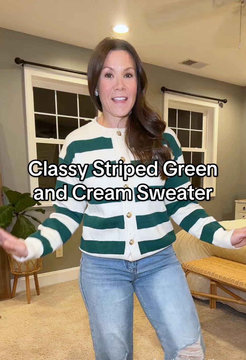 I’m so into the green and cream.🪴 #stripedsweater #goldembellishments #buttonupcardigan #sweaters #classystyle 