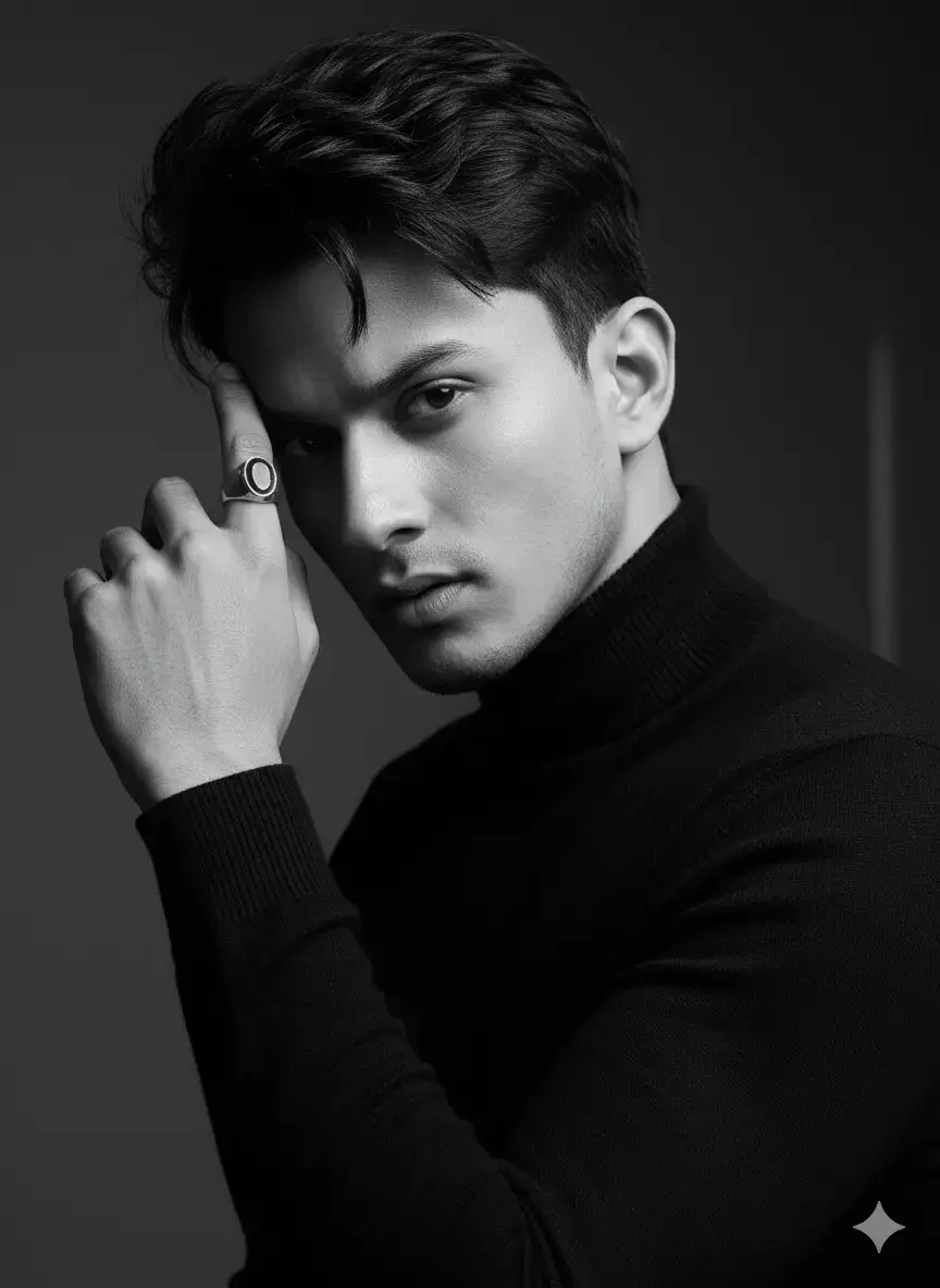 1.Open Google Gemini 2.Upload Photo 3.Use This prompt 👇 Creat High-contrast black and white studio portrait, magazine editorial style, young man with attached photo(100%Accurate face) , head-and-shoulders framing from top of head to upper chest, face in 3/4 view turned left and slightly tilted down, chin slightly lowered, eyes looking almost directly at the camera, serious cold expression, lips closed, sharp jawline and straight nose. Short messy black hair with a few strands falling on the forehead, slightly glossy texture, styled. Wearing a plain black turtleneck sweater with long sleeves, collar tight around the neck. Left hand raised, index finger touching temple, other fingers bent, large silver signet ring with dark stone on finger, clearly visible against black sleeve. Soft studio key light from top-left (camera-left), creating strong highlights on left face and deep shadow on right face. Background plain dark with a faint vertical gradient light streak on the right side. Entire image strictly black and white, no color, grayscale only, very strong contrast, sharp details, subtle fine film grain, photorealistic, professional retouch. Magazine cover aesthetic, ultra-detailed, high-resolution. #ai #dmforprompt #gemini #kundanrathor #fyp 