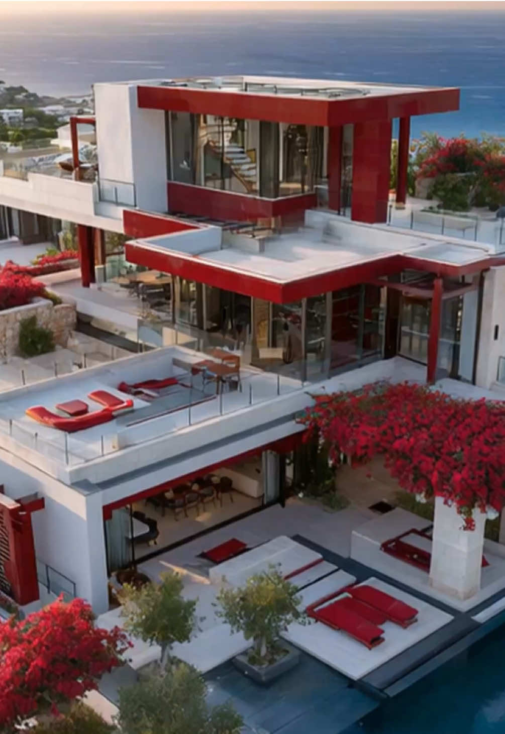 Which part of this red paradise would you explore first—one of the vibrant rooms, a flower-filled patio, or the ocean-view spa? 🌴🌹❤️🏡🍷 From grand outdoor spaces to richly designed interiors, this luxurious villa brings passion and elegance to life in every corner. #midjourney #aiarchitecture #luxurydesign #villaart #redtheme 