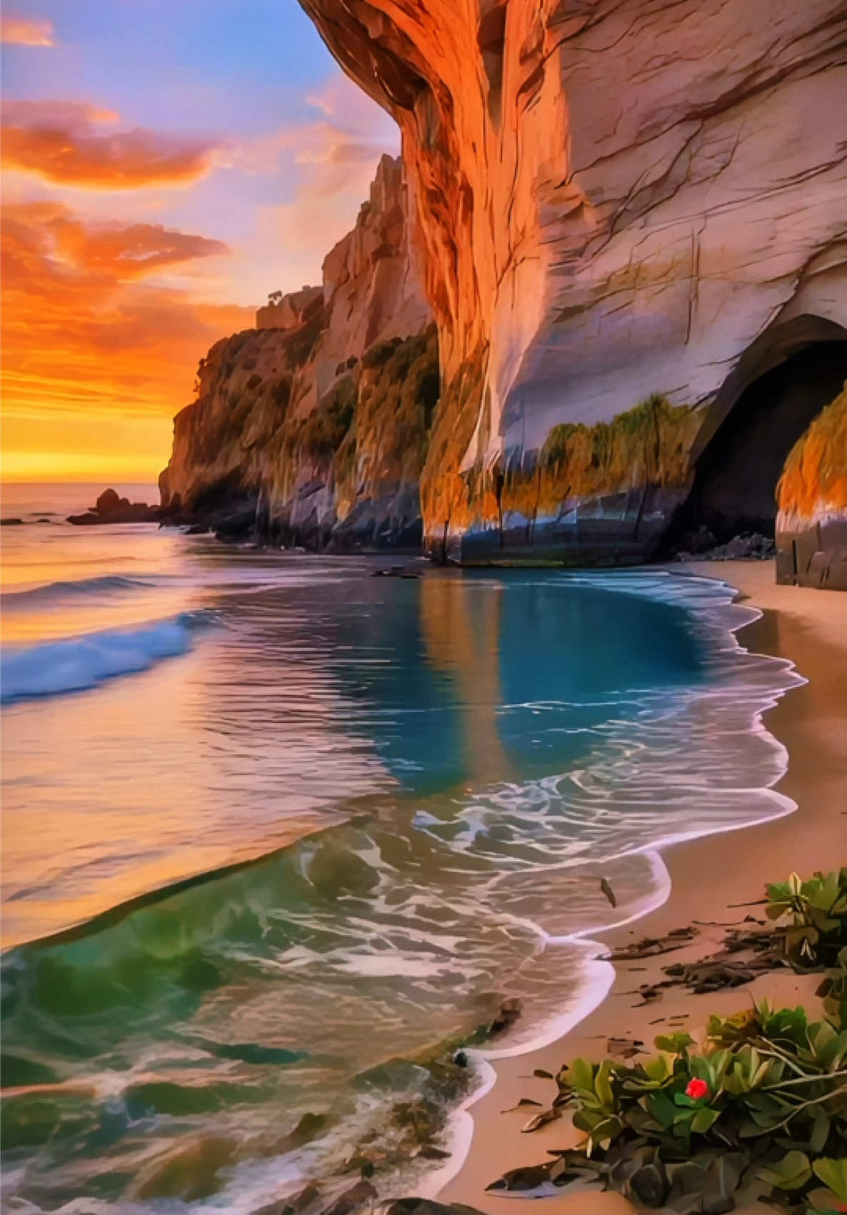 Live Wallpaper | Sunset Waves & Coastal Caves 🌊🌅🌺💙🌟 At the edge of the ocean, where the sea carves secrets into stone, a cave opens like a doorway to another world.  Sunlight pours through its arches, painting the walls in molten gold, while the tide whispers stories of time and tide… The water, clear as glass, reflects both sky and stone — a mirror of fleeting beauty. In this quiet moment, the cave feels alive: not just a place, but a memory held in light.  A living wallpaper, captured in 4K detail, where earth and sea embrace in eternal harmony for relaxing vibes.  #8k #livewallpaper #2025future #relaxingvideos #oceanview 