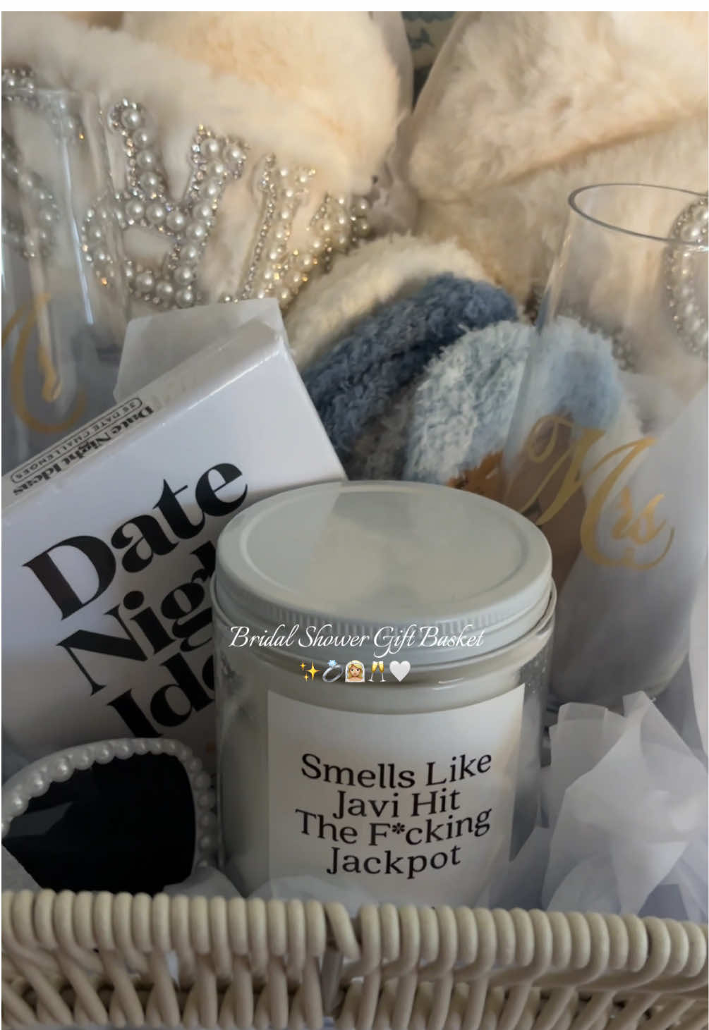 making gift baskets is definitely my love language🧺🏹🤍                                  #bridalshower #bridaltiktok #giftbasket #bride #fyp 