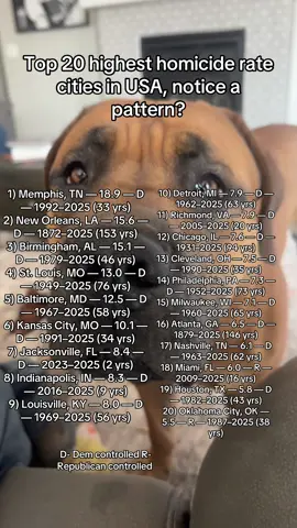 Top 20 highest homicide rate cities in USA, notice a pattern?