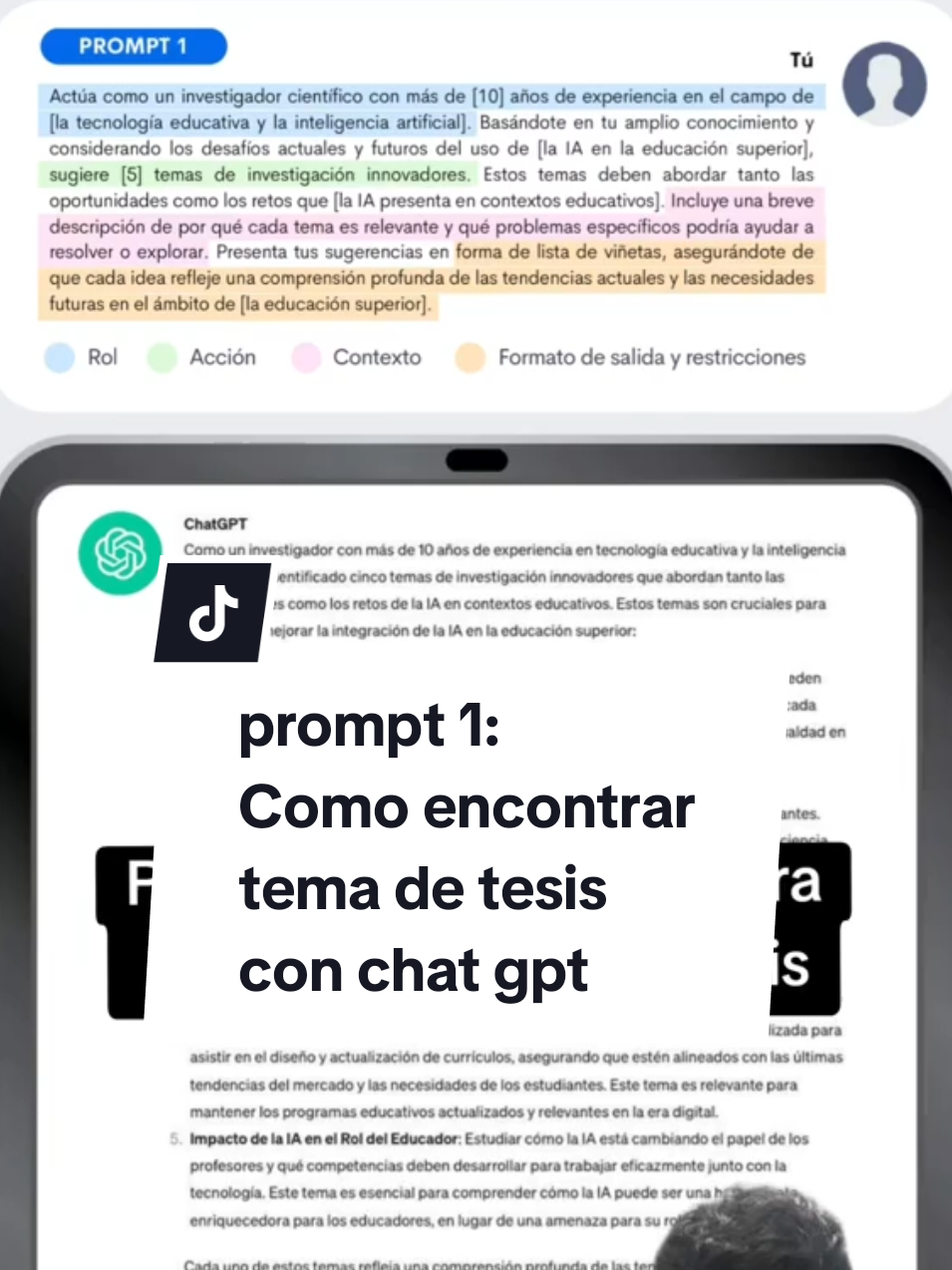 🫢 Prompt de ChatGPT para tema de tesis  Actúa como un investigador científico con más de [10] años de experiencia en el campo de [la tecnología educativa y la inteligencia artificial]. Basándote en tu amplio conocimiento y considerando los desafíos actuales y futuros del uso de [la IA en la educación superior], sugiere [5] temas de investigación innovadores. Estos temas deben abordar tanto las oportunidades como los retos que [la IA presenta en contextos educativos). Incluye una breve descripción de por qué cada tema es relevante y qué problemas específicos podría ayudar a resolver o explorar. Presenta tus sugerencias en forma de lista de viñetas, asegurándote de que cada idea refleje una comprensión profunda de las tendencias actuales y las necesidades futuras en el ámbito de la educación superior]. #chatgpt #tesis #prompt  #metodologiadelainvestigacion 